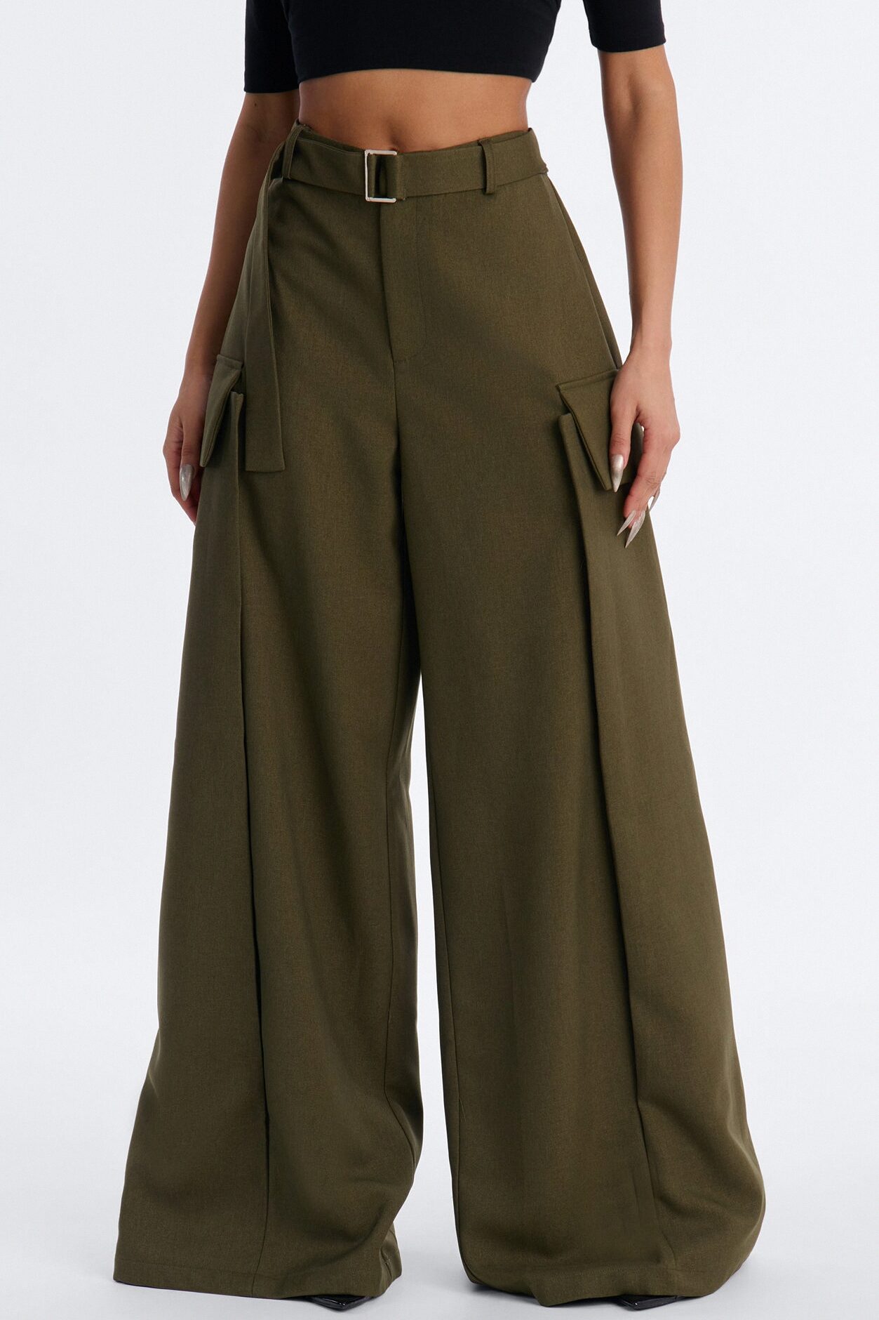 Caroline High Waisted Belted Cargo Wide Leg Trouser - Olive