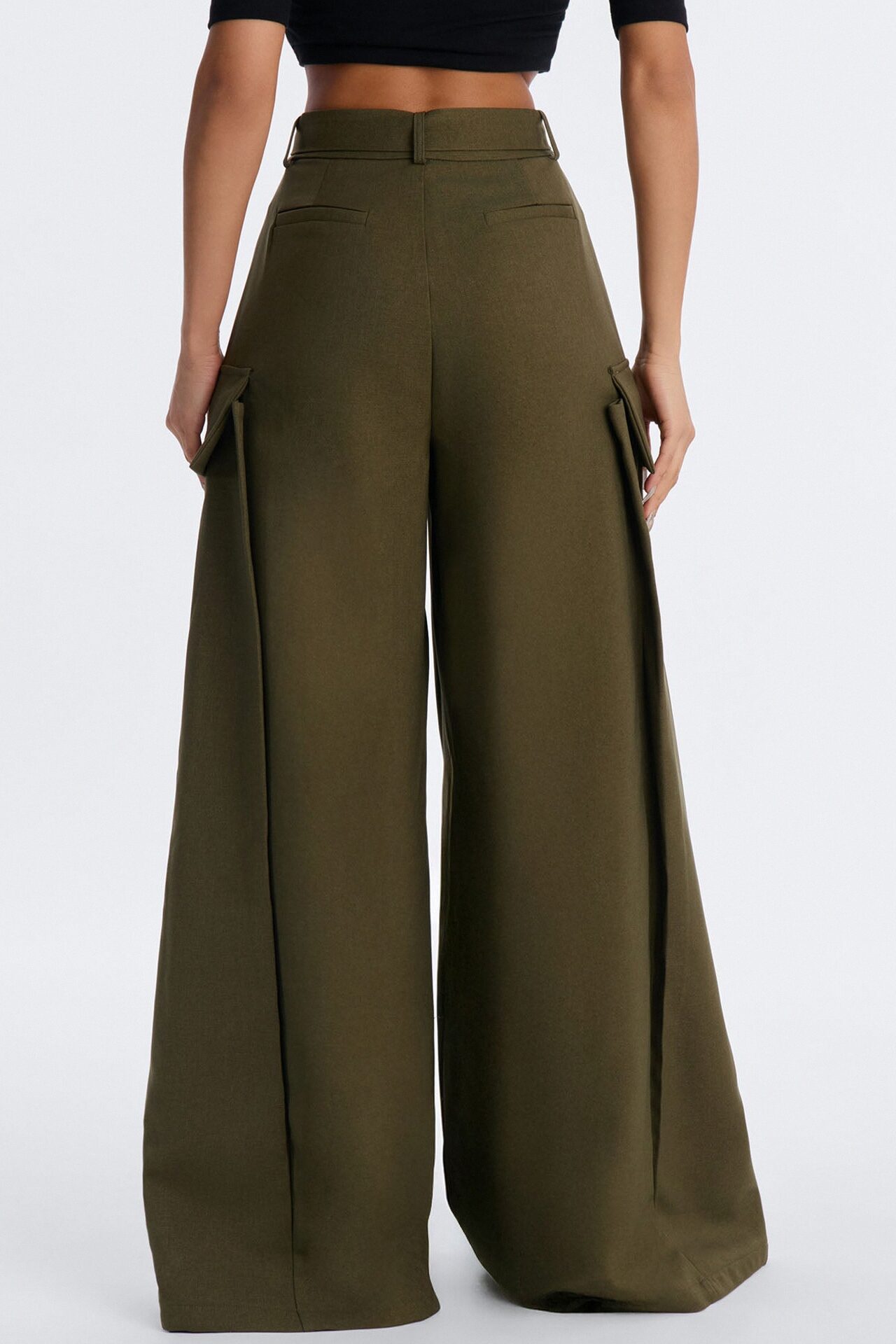 Caroline High Waisted Belted Cargo Wide Leg Trouser - Olive