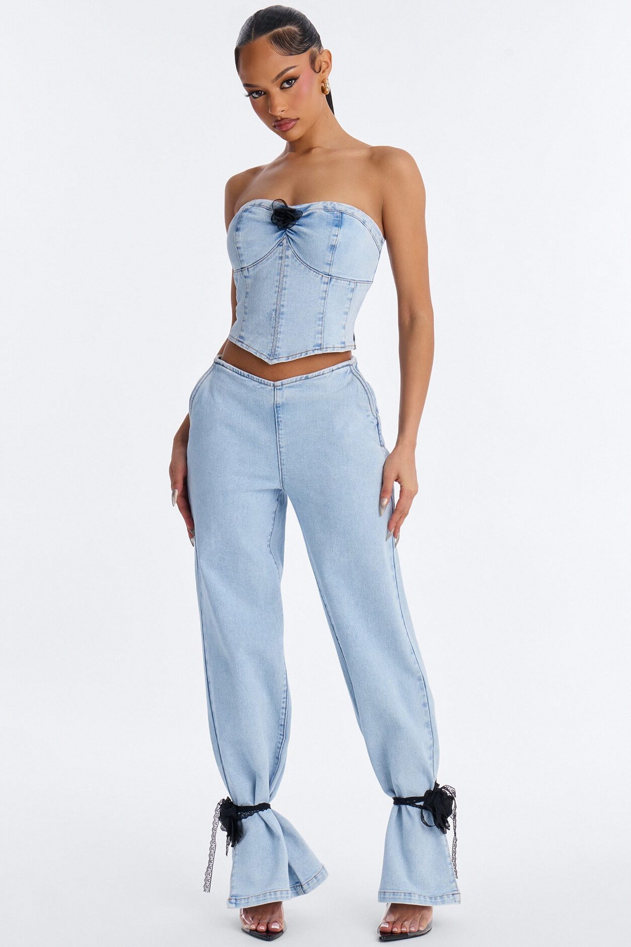 Pretty Little Ties Denim Pant Set - Light Wash