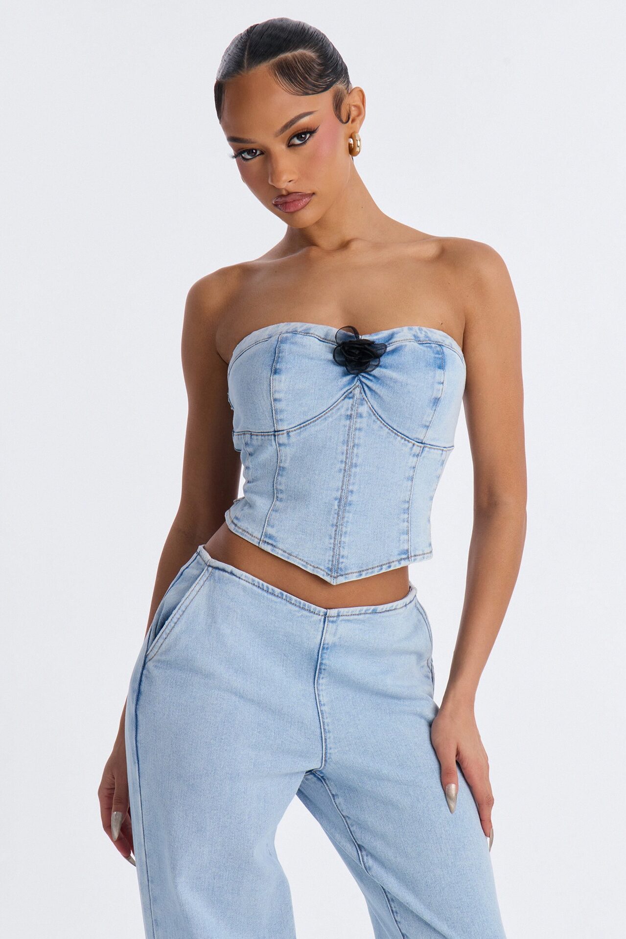 Pretty Little Ties Denim Pant Set - Light Wash