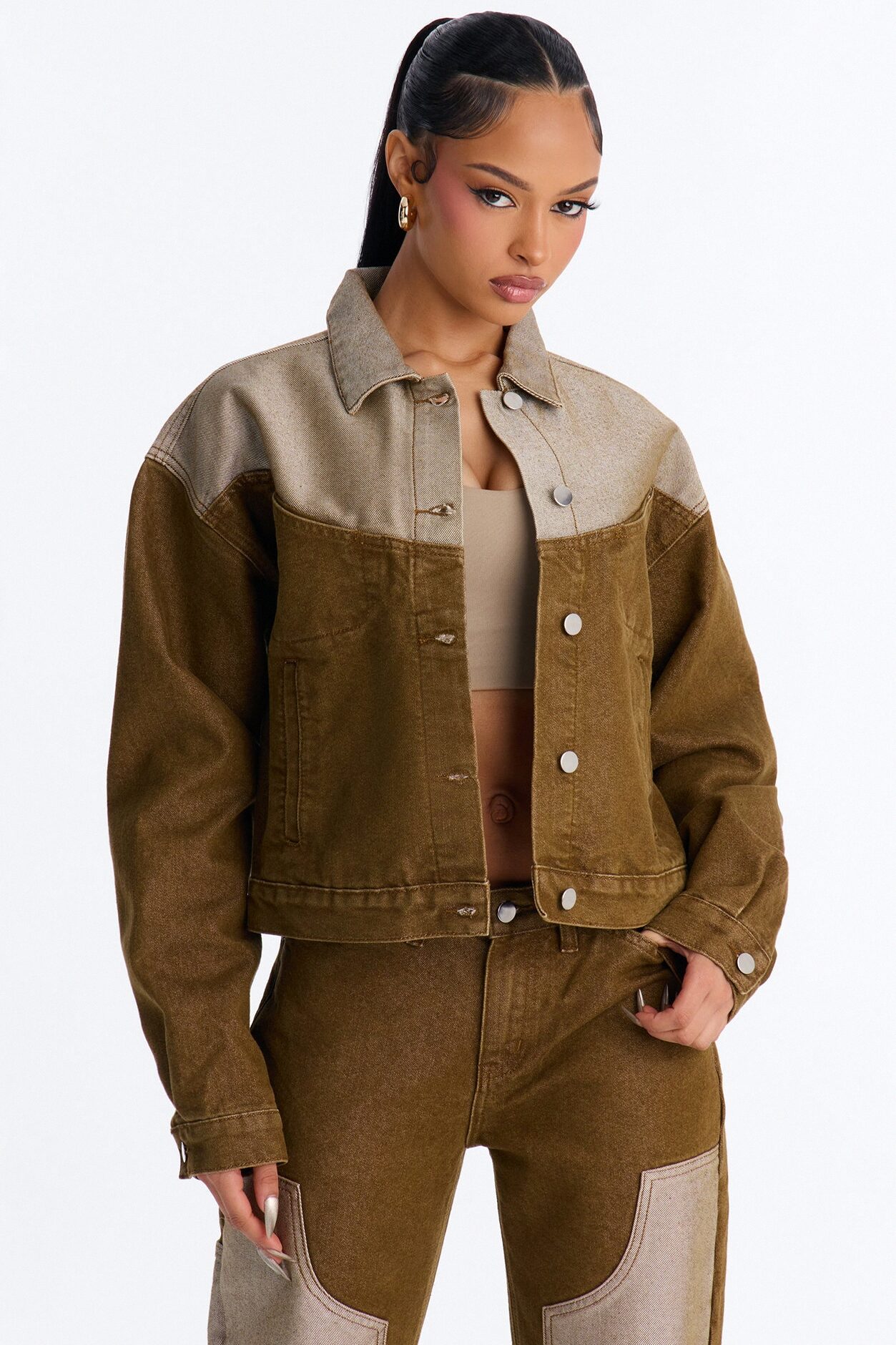 The Cold Shoulder Shiny Denim Jacket - Brown