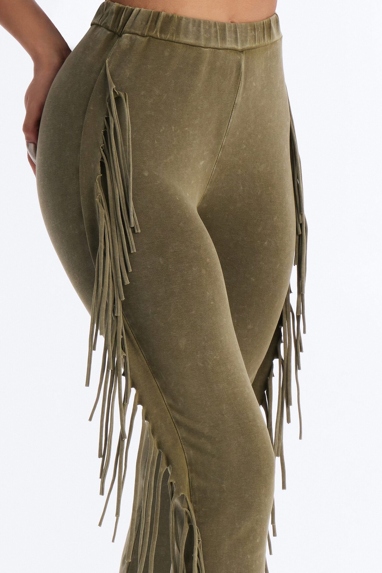 Josie Fringe Washed Mid Rise Flare Pant 33″ - Olive