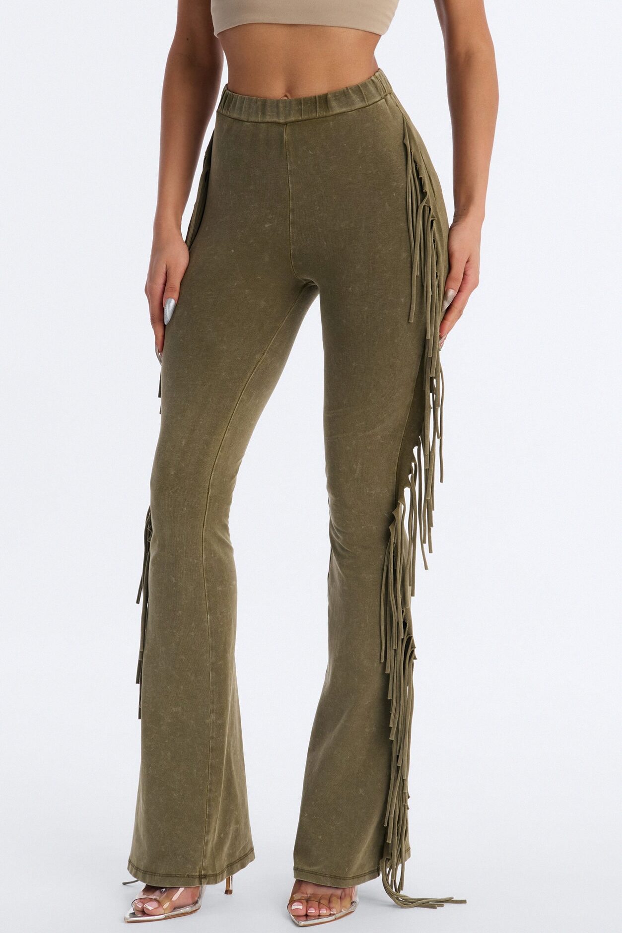 Josie Fringe Washed Mid Rise Flare Pant 33″ - Olive