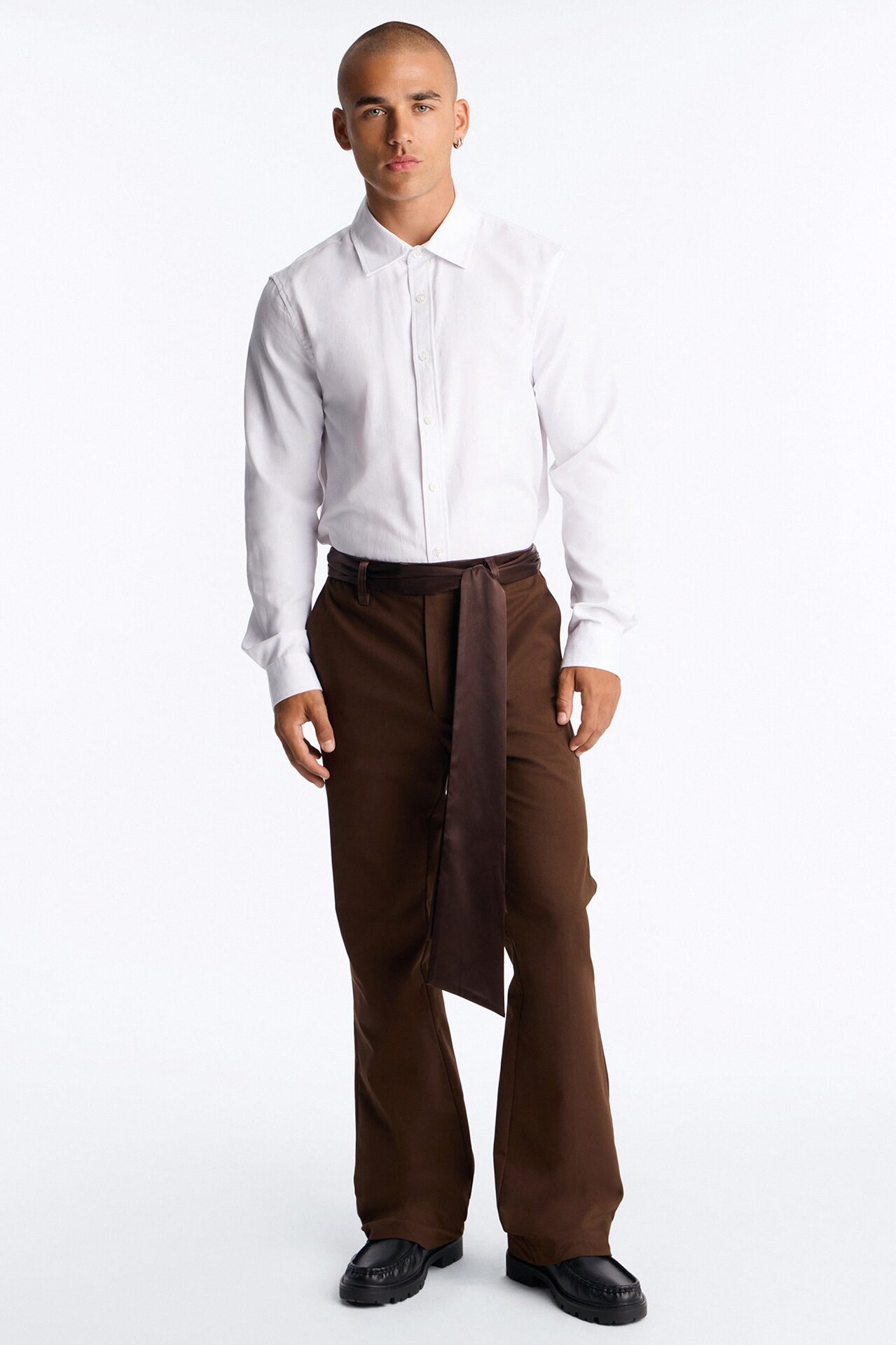 Satin Wrapped Waistband Straight Flare Trouser - Brown