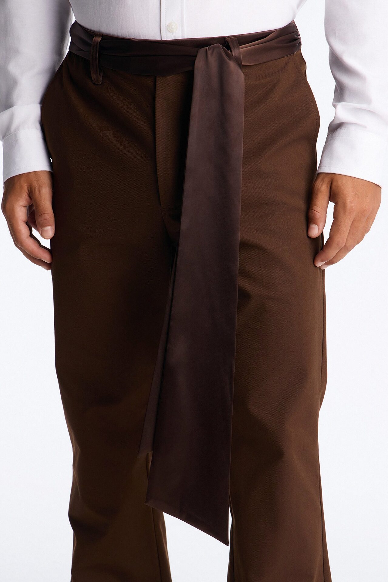 Satin Wrapped Waistband Straight Flare Trouser - Brown