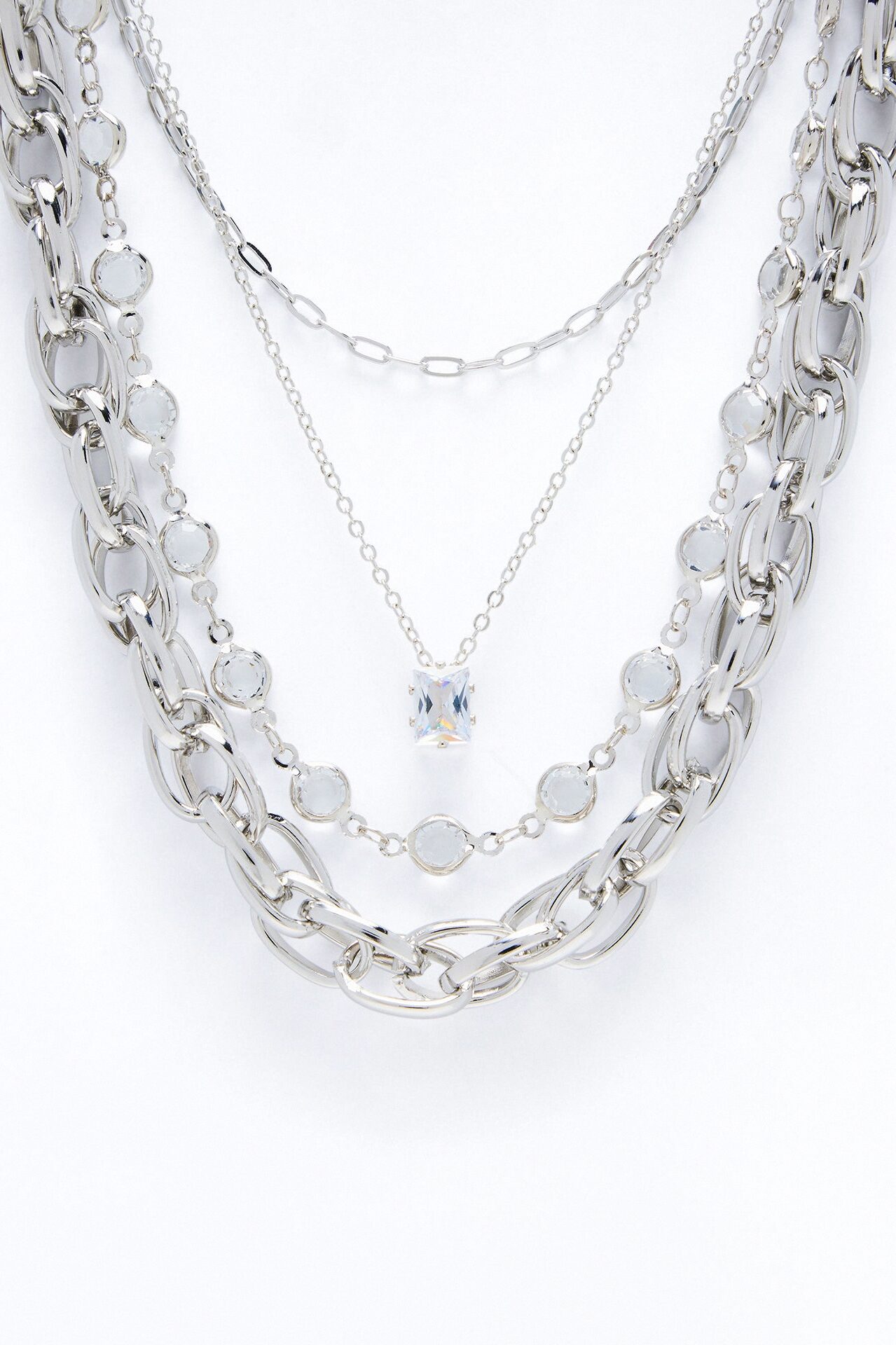 Heads Up Rhinestones Layered Necklace - Silver