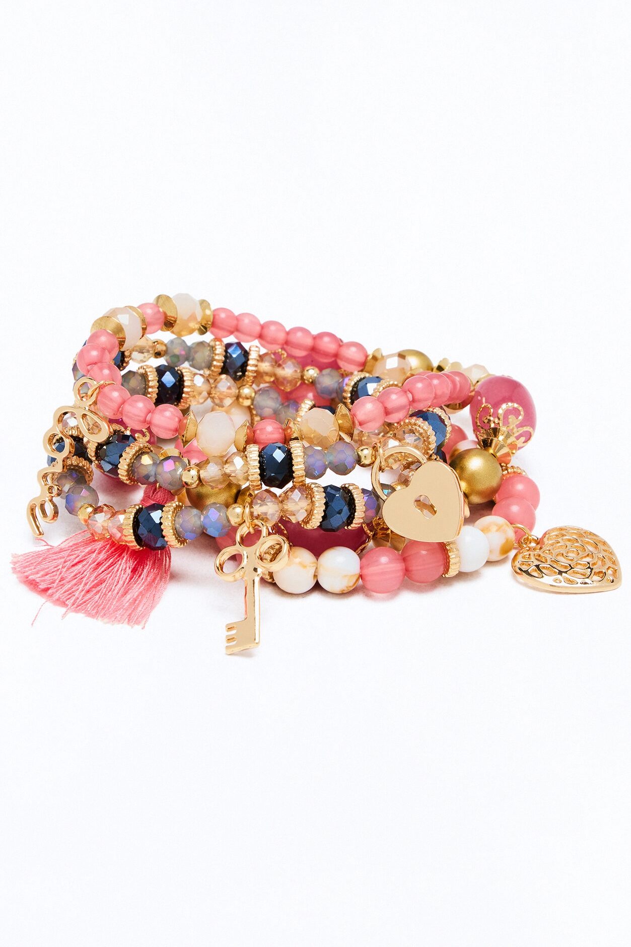 Keep Me Safe Charm 5 Piece Bracelet Set - Pink