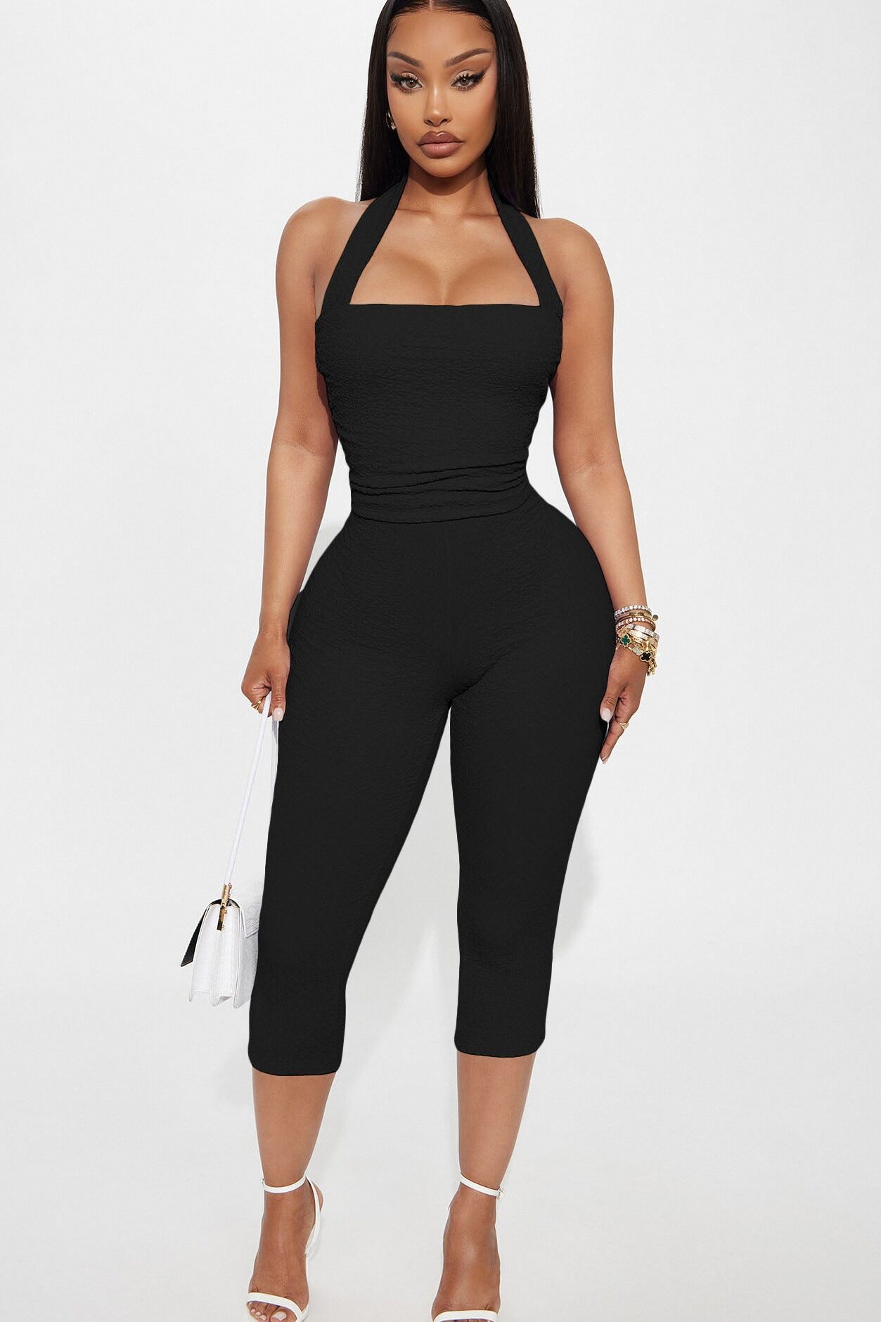 Delilah Textured Halter Capri Pant Set - Black