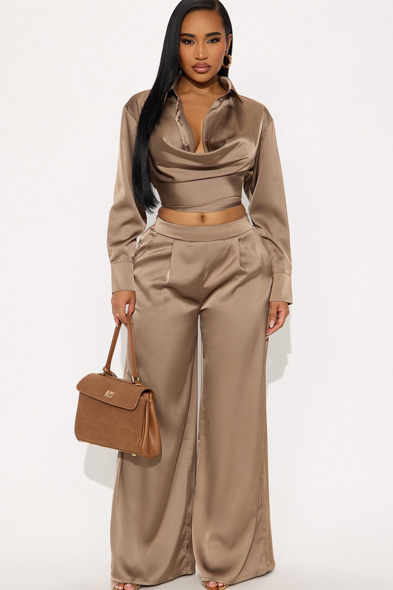 Champagne Dreams Satin Pant Set - Bronze