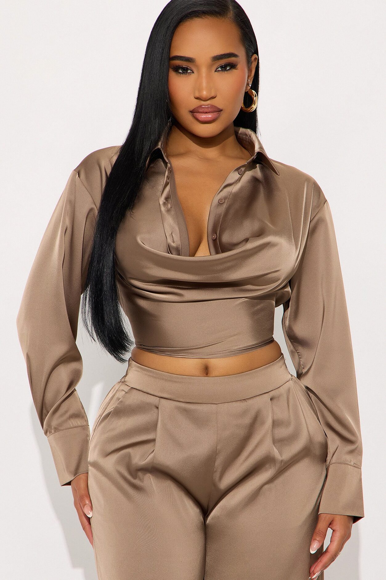 Champagne Dreams Satin Pant Set - Bronze