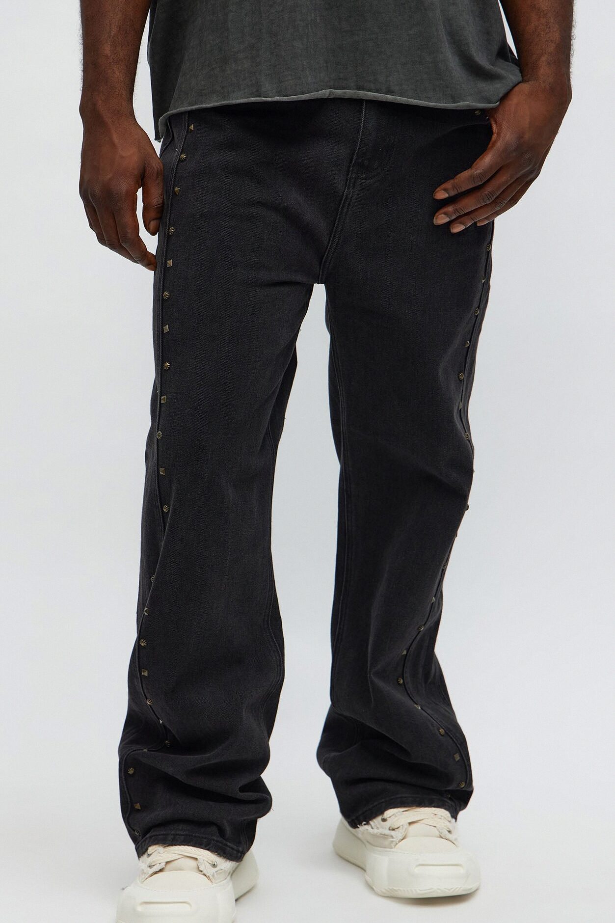 Straight Going Down Studded Jeans - Black Wash