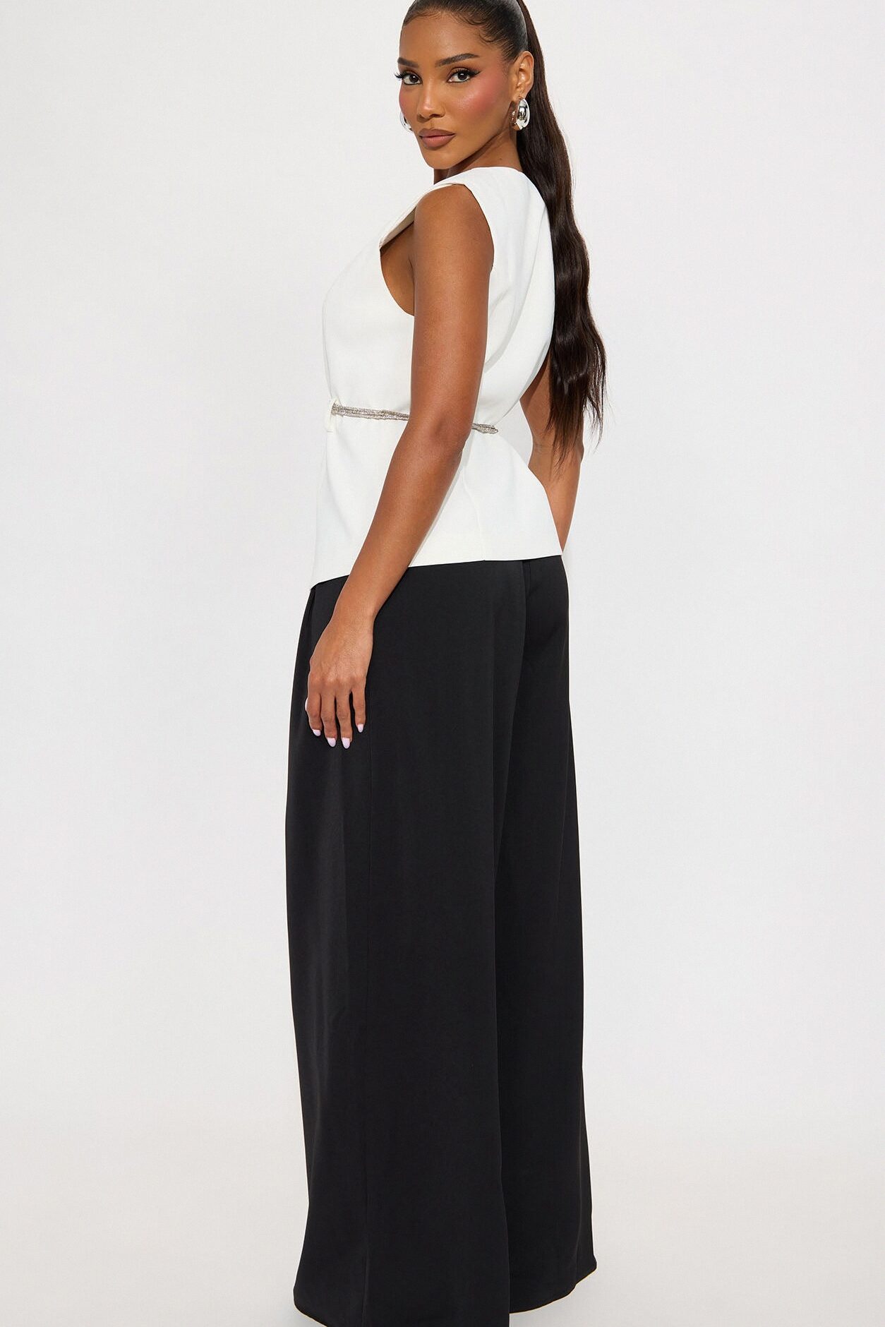 Elise Belted Vest 3 Piece Pant Set - Black/White