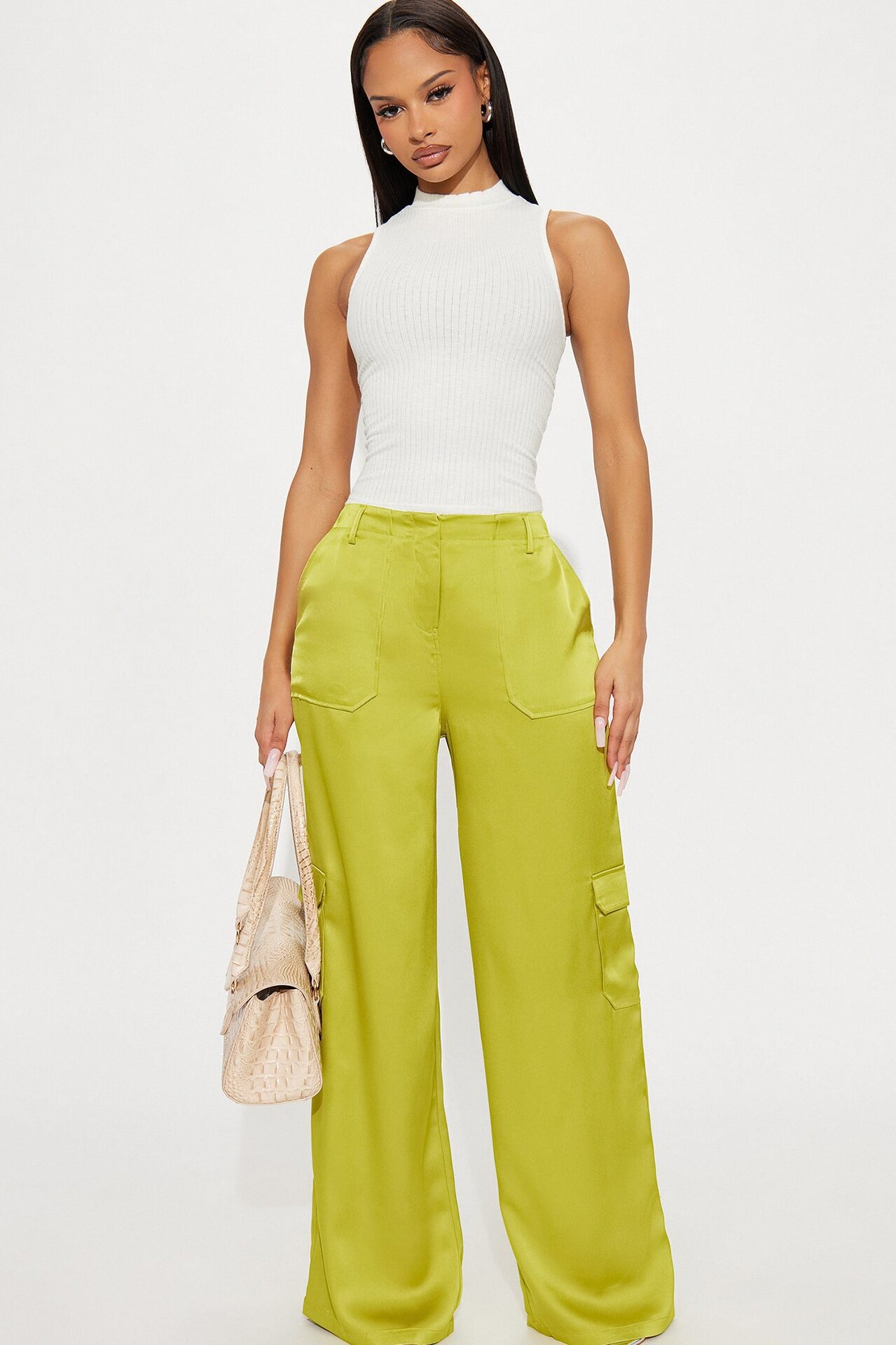 Pretty Girl Satin Cargo Pant - Chartreuse