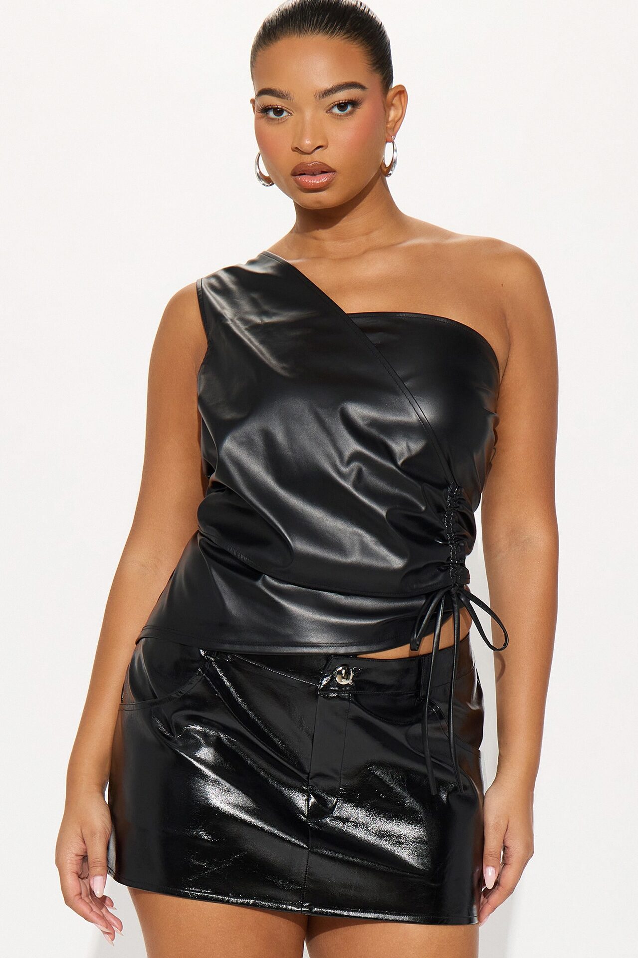 Lex Faux Leather One Shoulder Top - Black
