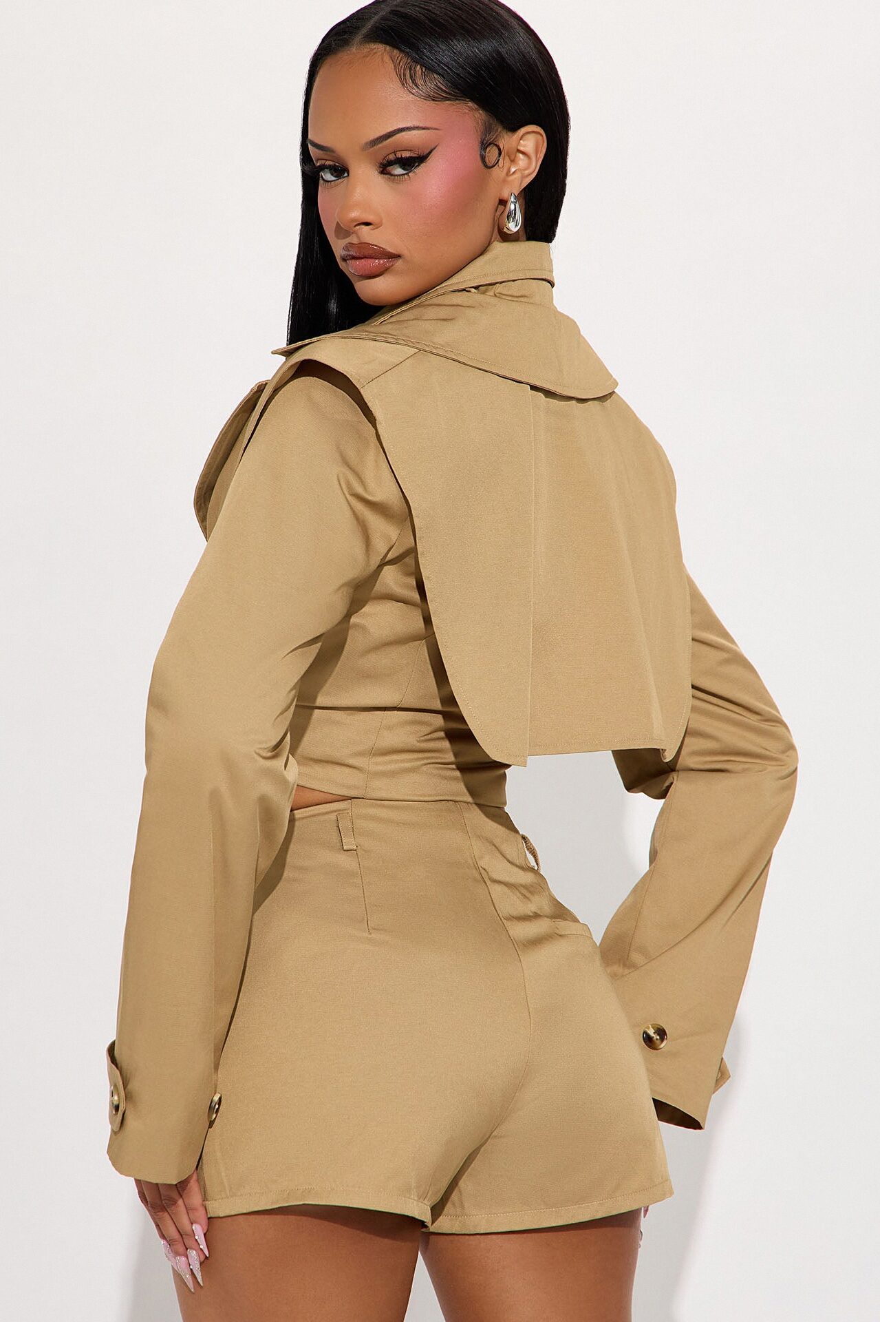 On A Ride Trench Jacket And Short Set - Khaki