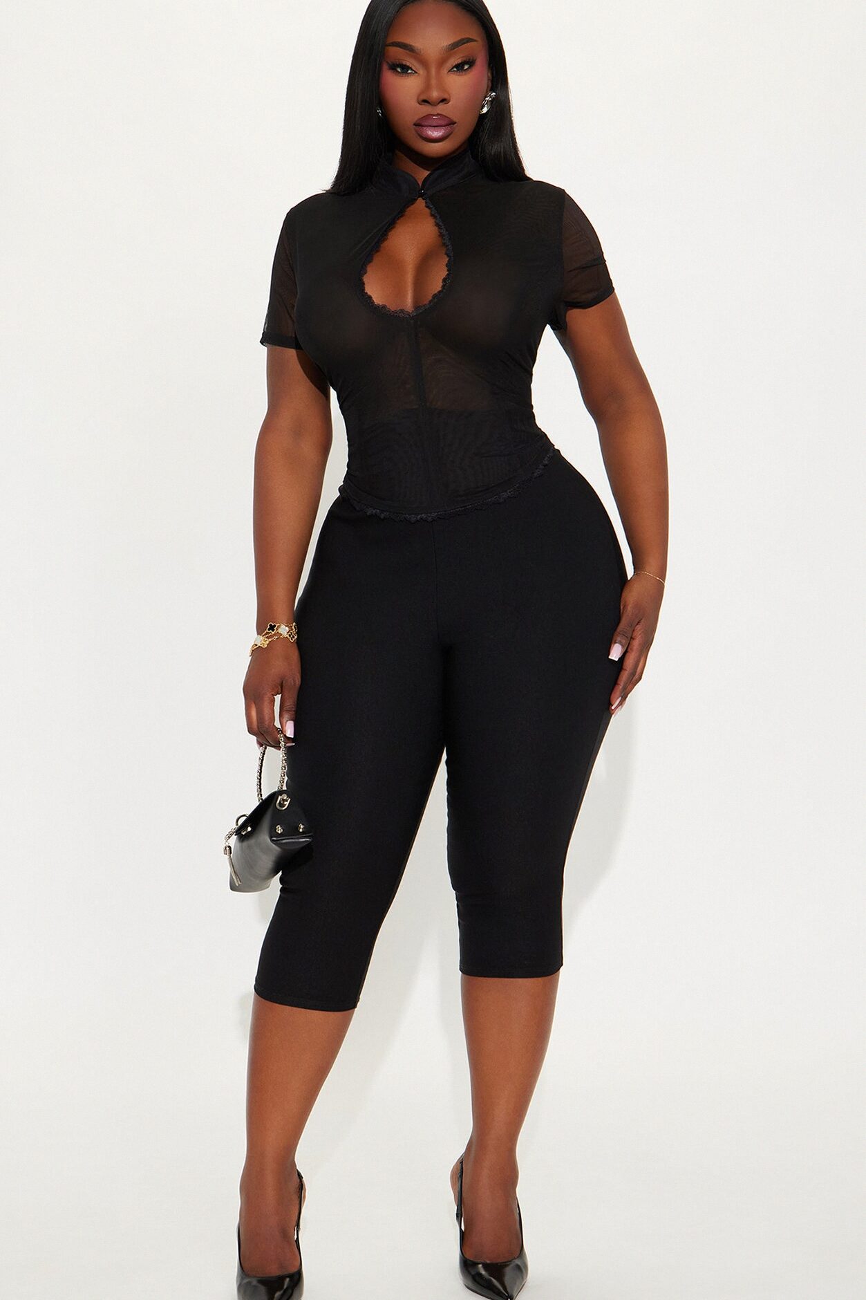 Blanche Short Sleeve Mock Neck Top - Black