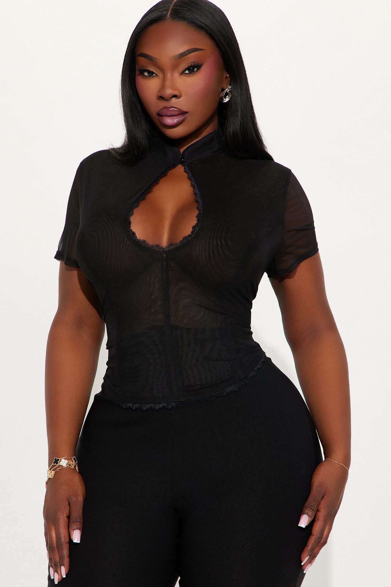 Blanche Short Sleeve Mock Neck Top - Black