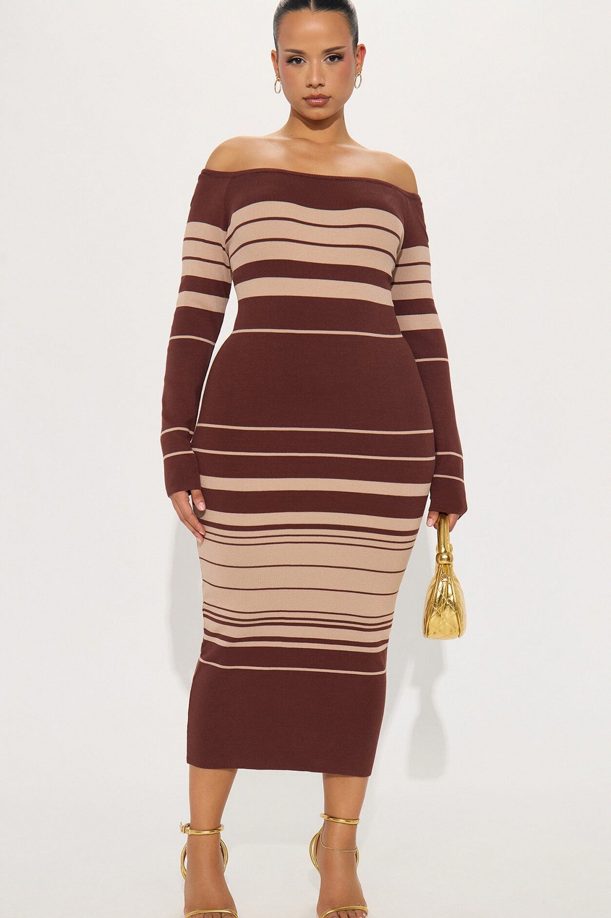 Line Me Up Striped Sweater Midi Dress - Chocolate