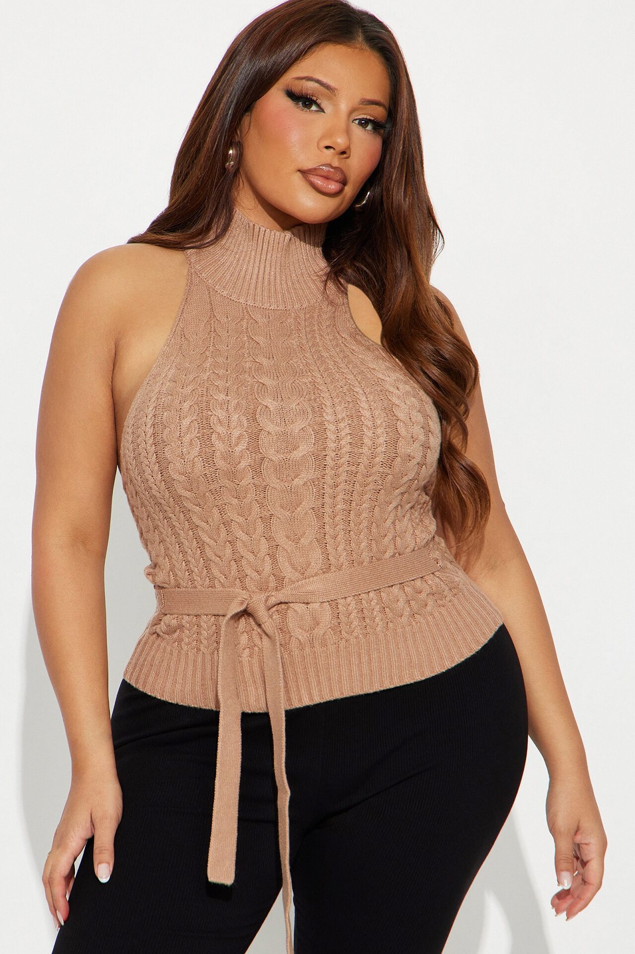 Sassy Soul Cable Knit Turtle Neck Sweater Top - Mocha