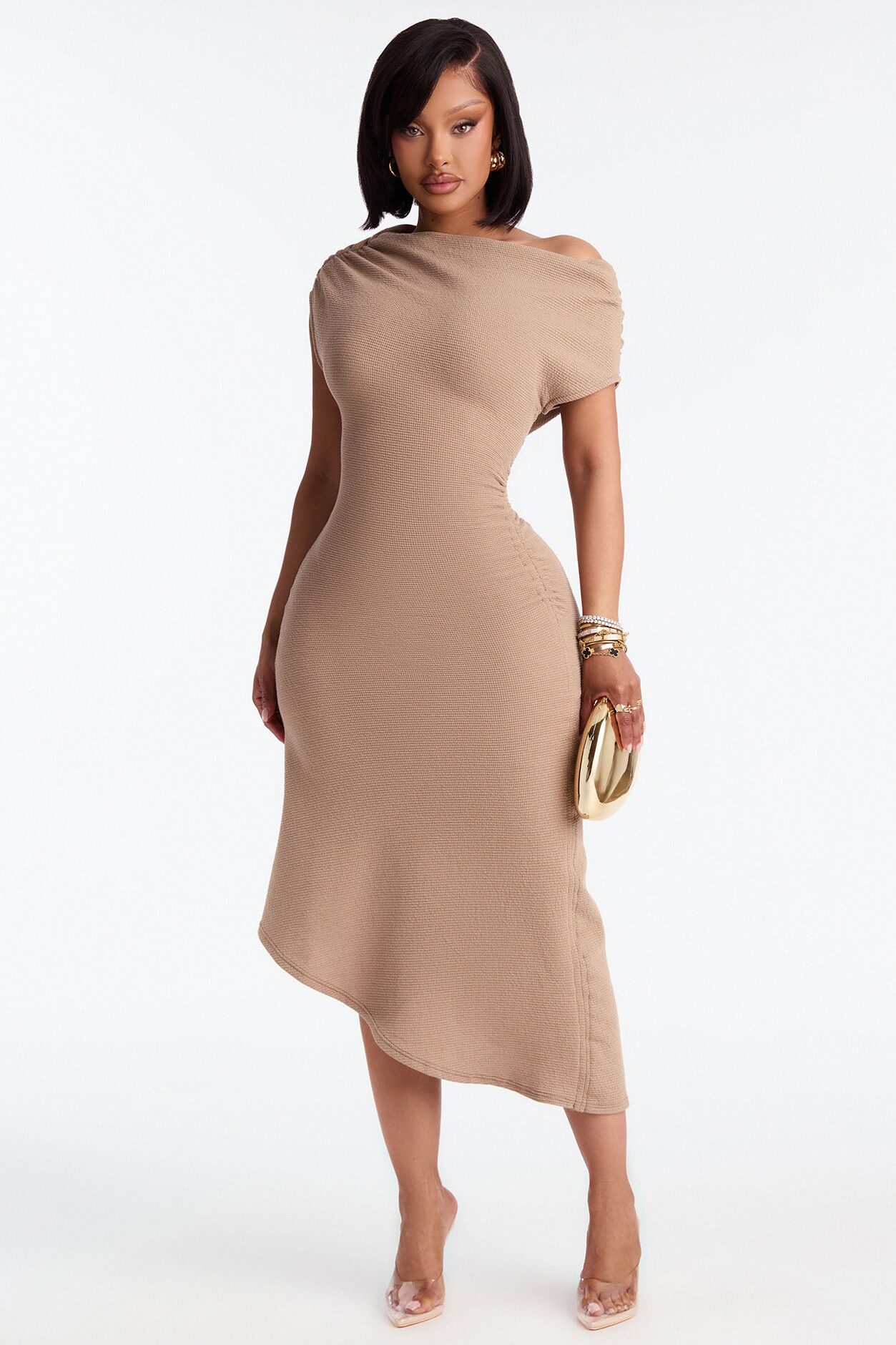 Milena Asymmetrical Textured Midi Dress - Taupe