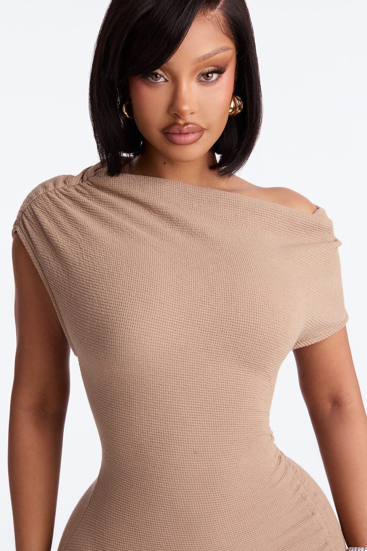 Milena Asymmetrical Textured Midi Dress - Taupe