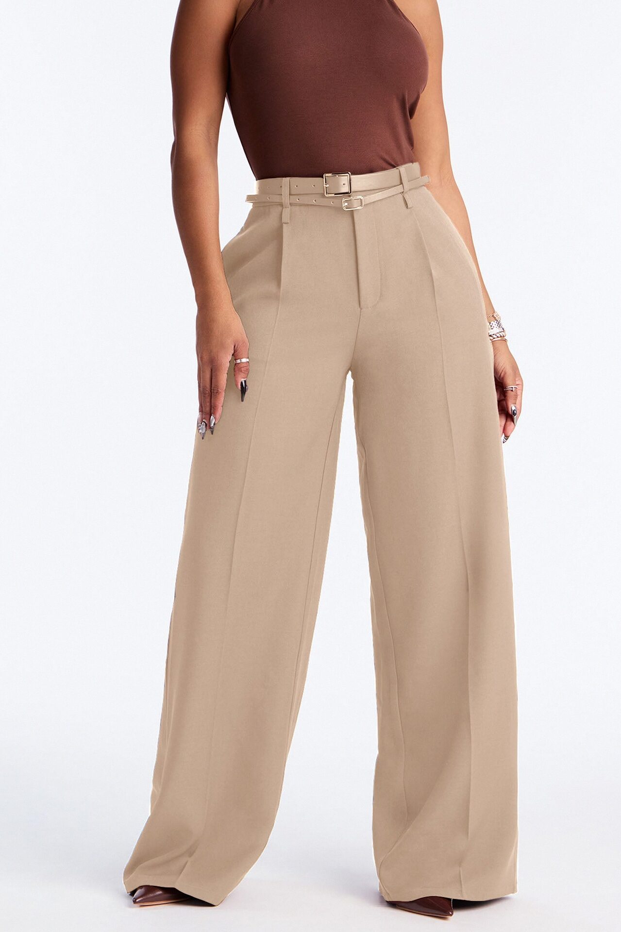 Geraldine Belted Wide Leg Trousers 33″ - Camel