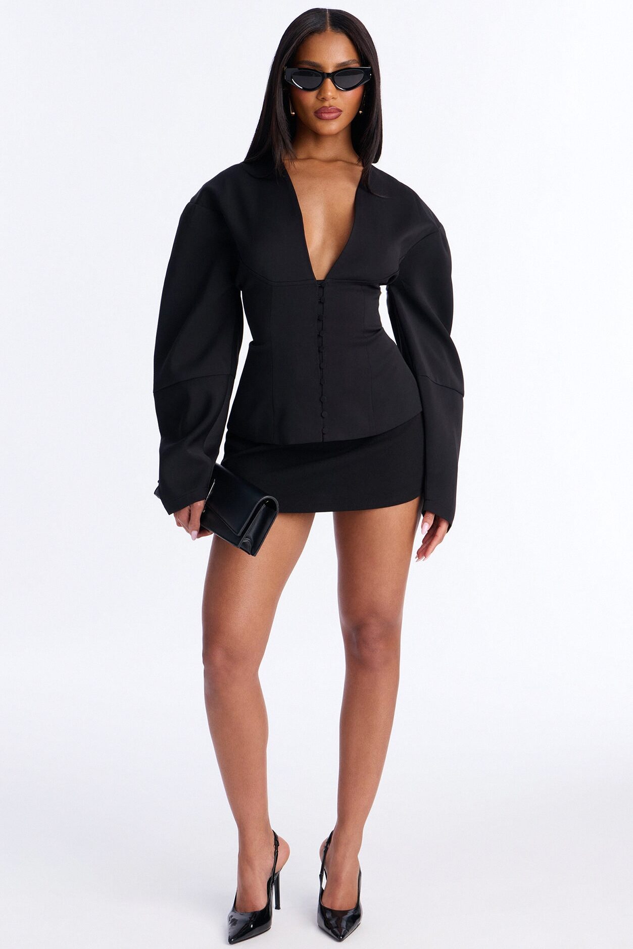 Off Duty Boss Puff Sleeve Button Front Blouse - Black