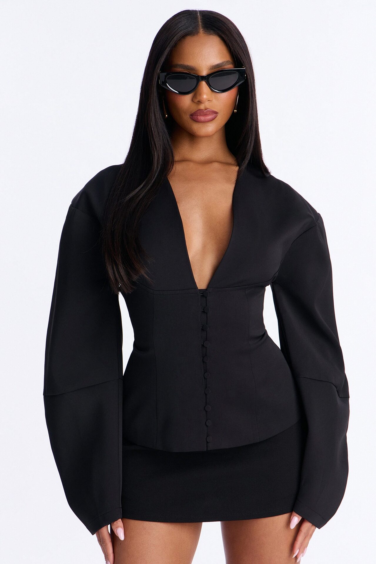 Off Duty Boss Puff Sleeve Button Front Blouse - Black