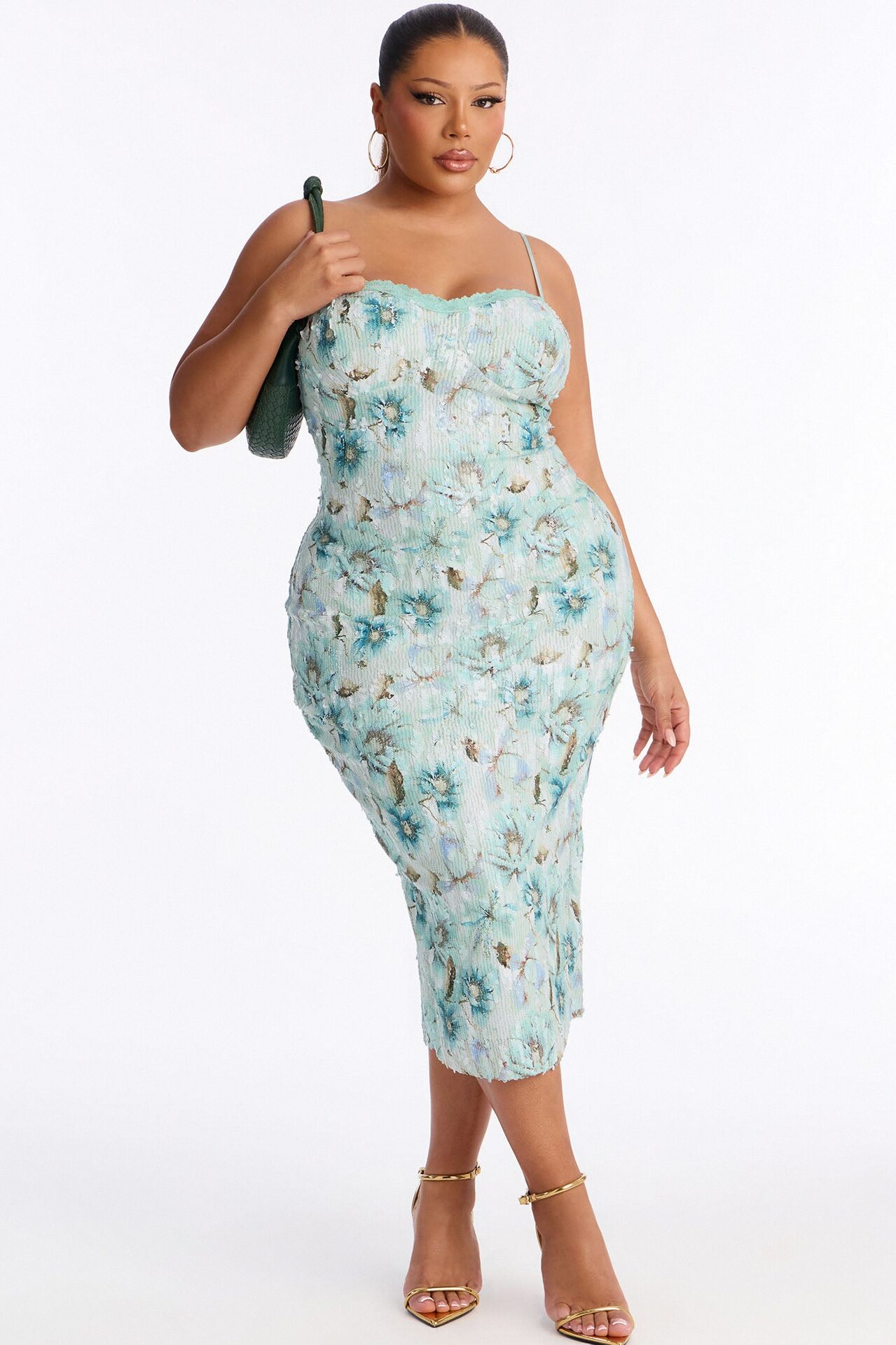 Valerie Floral Sequin Midi Dress - Sage/combo