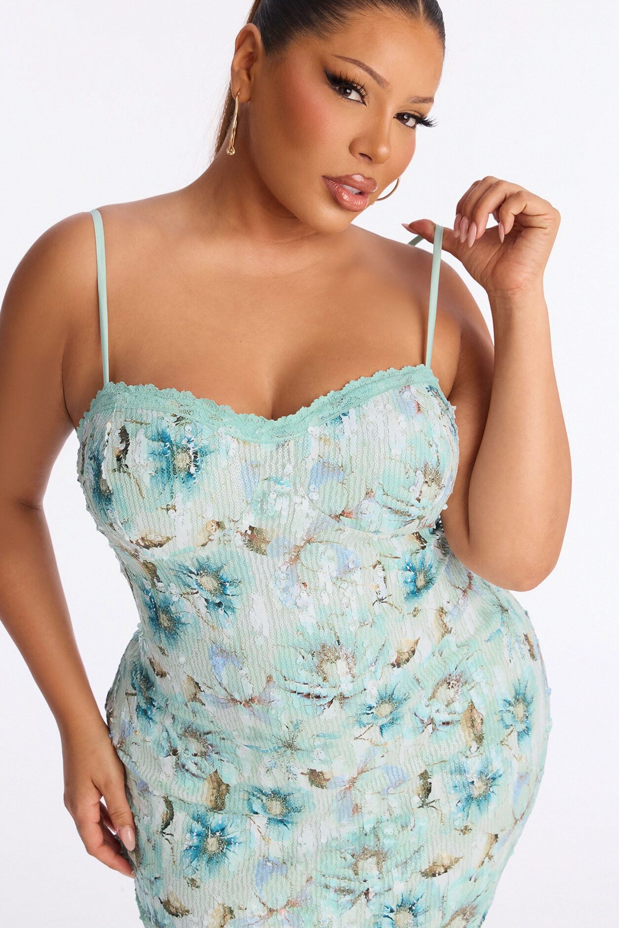 Valerie Floral Sequin Midi Dress - Sage/combo
