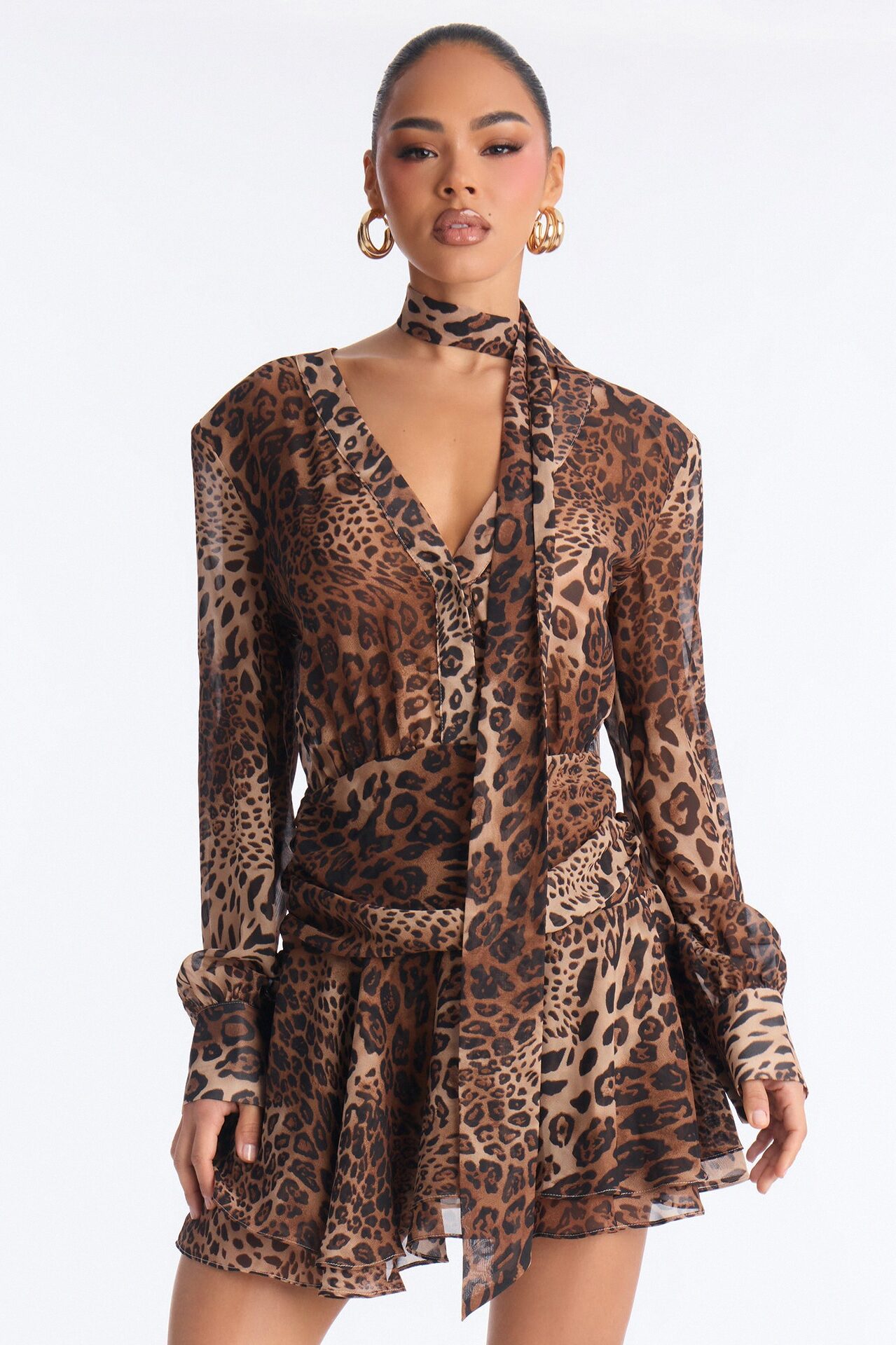 Kerra Long Sleeve Chiffon Mini Dress - Leopard