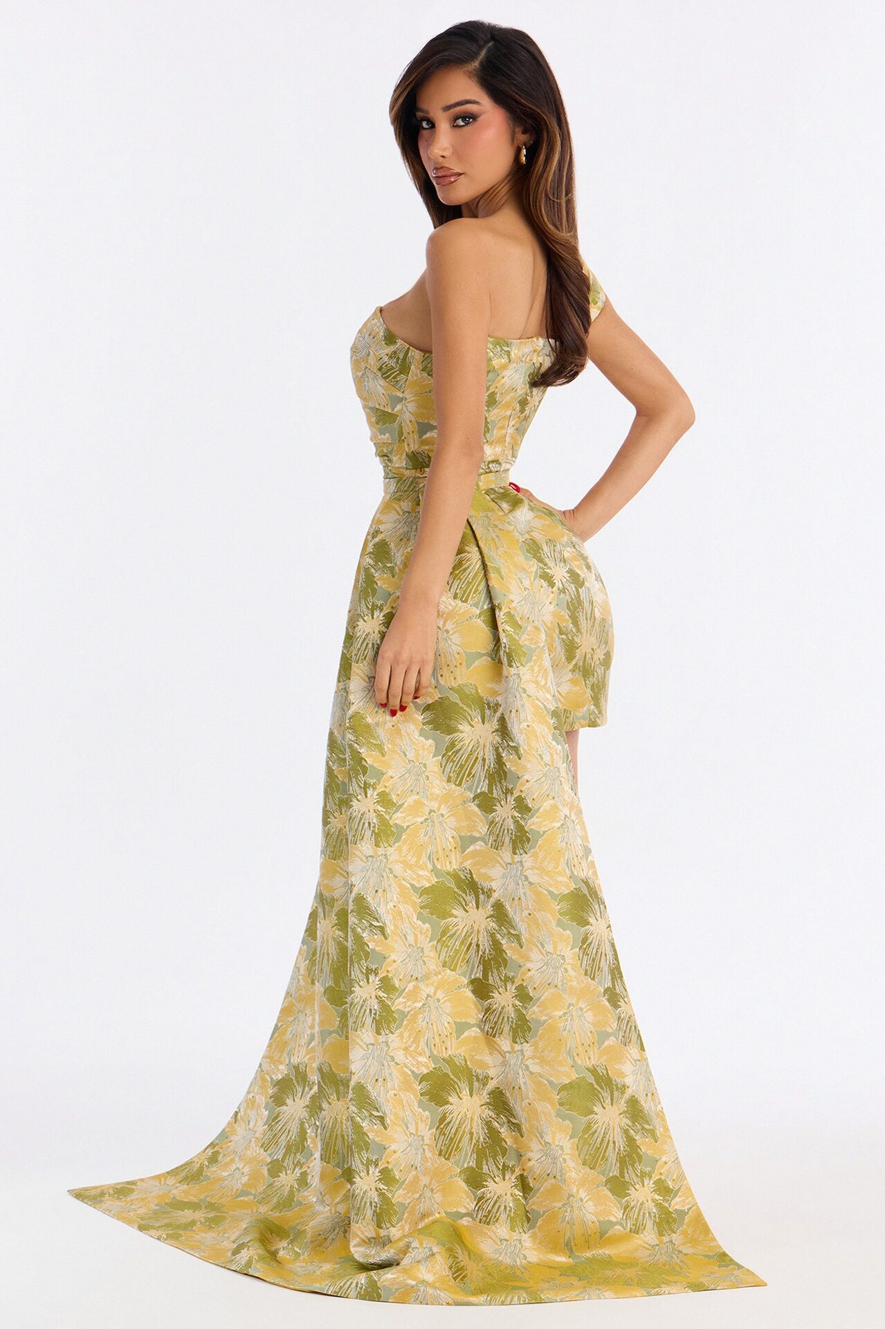 Isabella Removable Train Jacquard Mini Dress - Green/combo