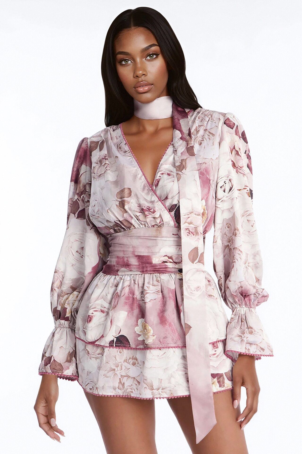 Maryam Ruffle Satin Mini Dress - Mauve/combo