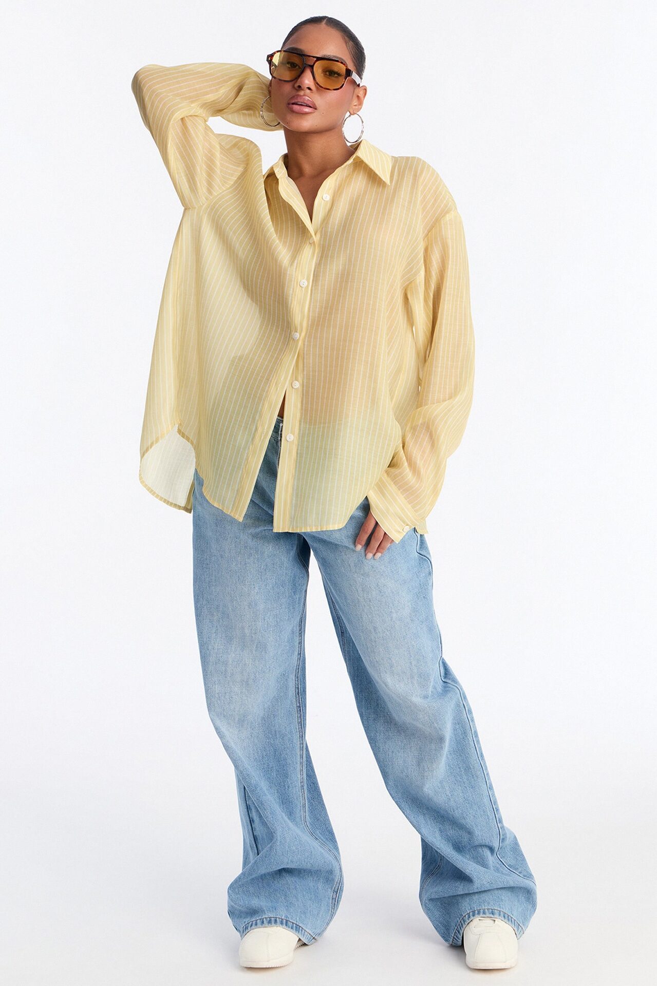 Cute Chaos Pinstripe Sheer Shirt - Butter Yellow