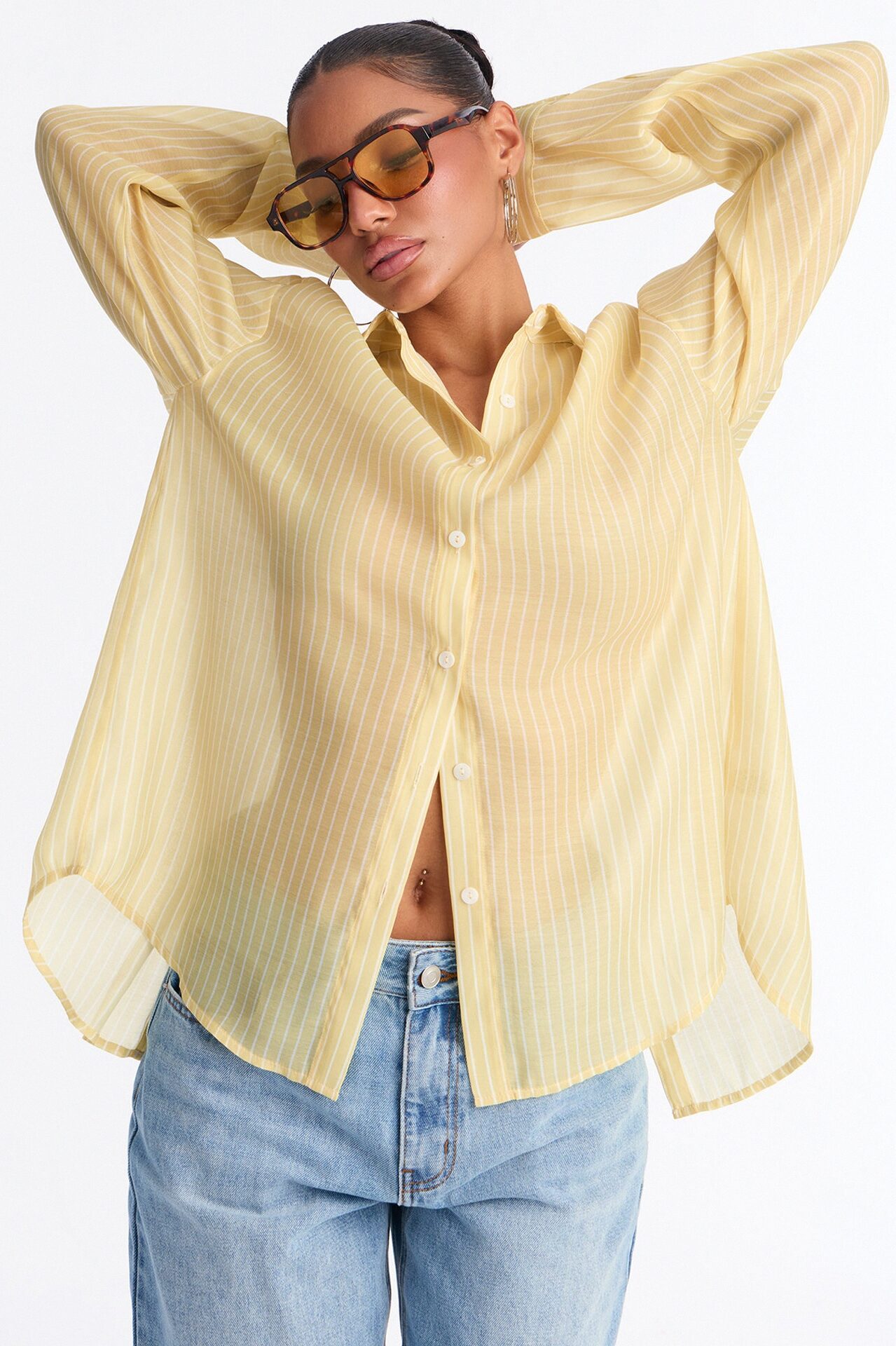 Cute Chaos Pinstripe Sheer Shirt - Butter Yellow