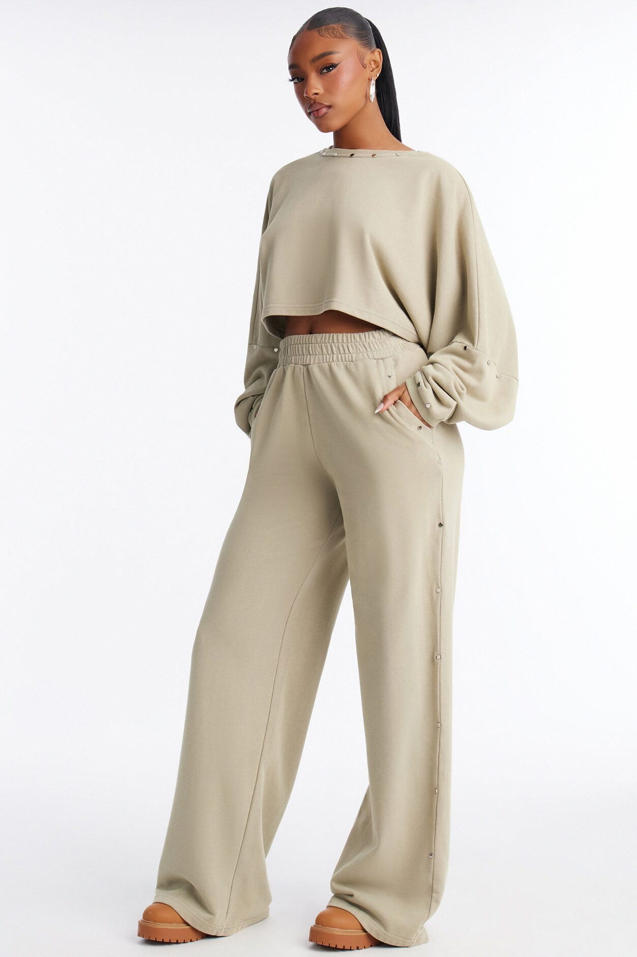Charlie Washed Studded Pant Set - Sage