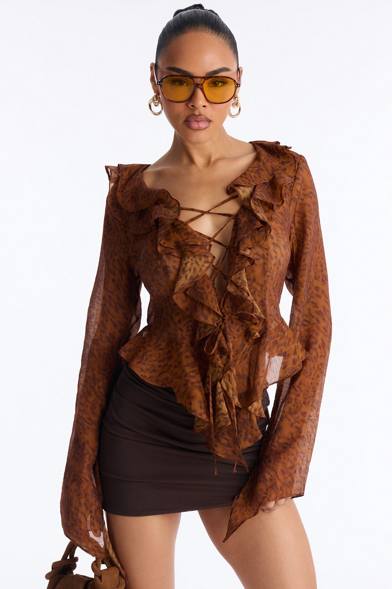 Brittney Chiffon Lace Up Long Sleeve Blouse - Brown/combo