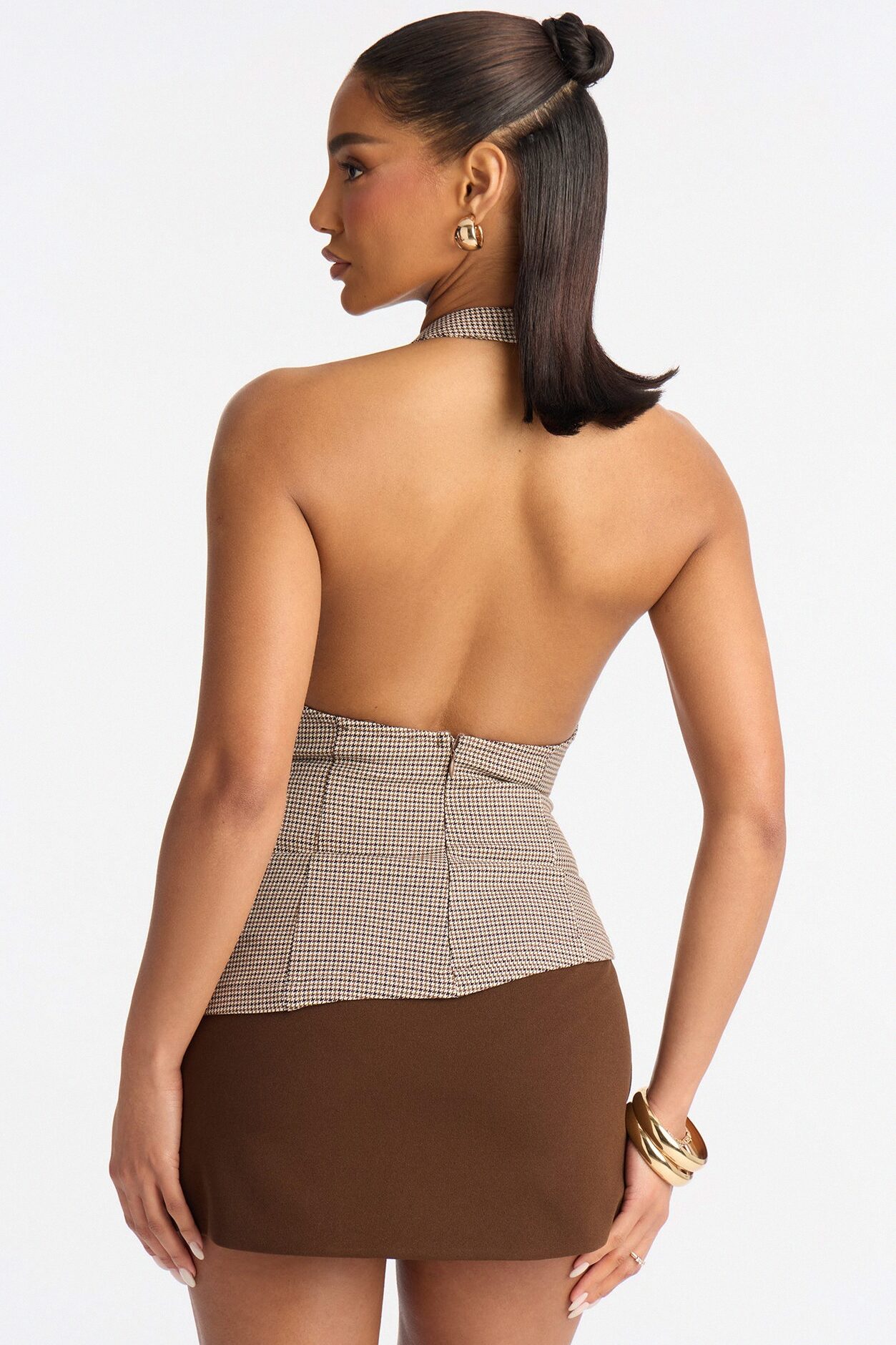 Meeting In Motion Houndstooth Halter Top - Brown/combo