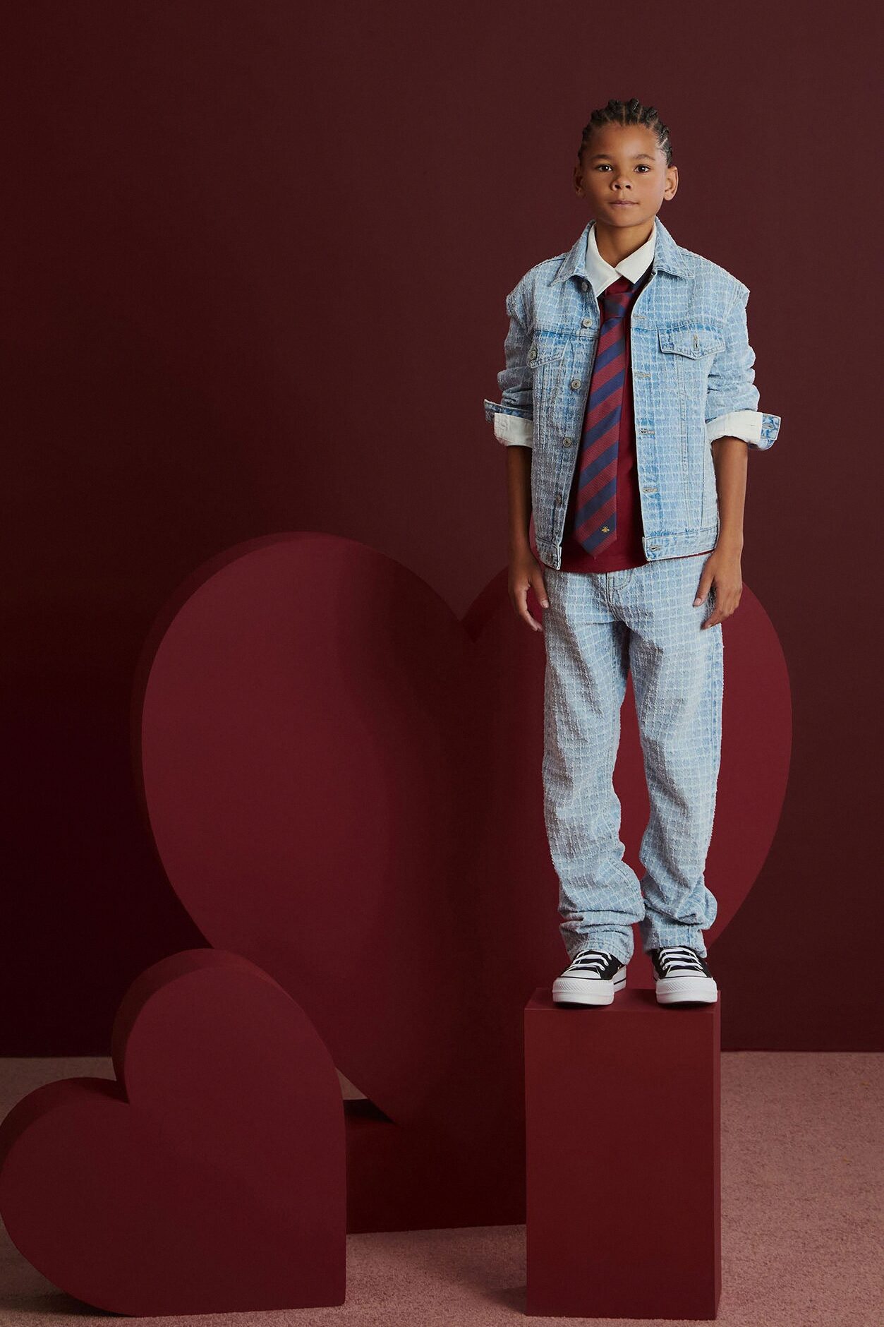 Mini Windowpane Denim Trucker Jacket - Light Wash