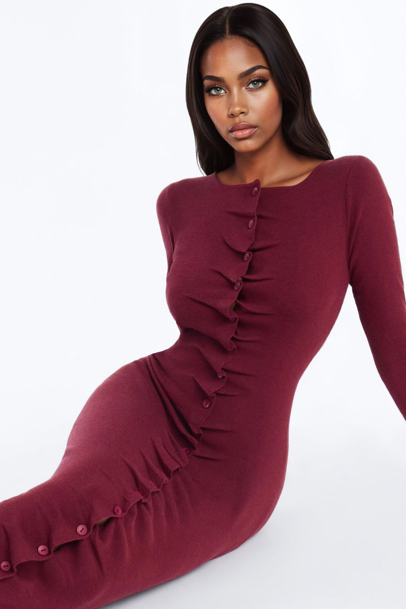 Jaime Sweater Button Up Midi Dress - Burgundy