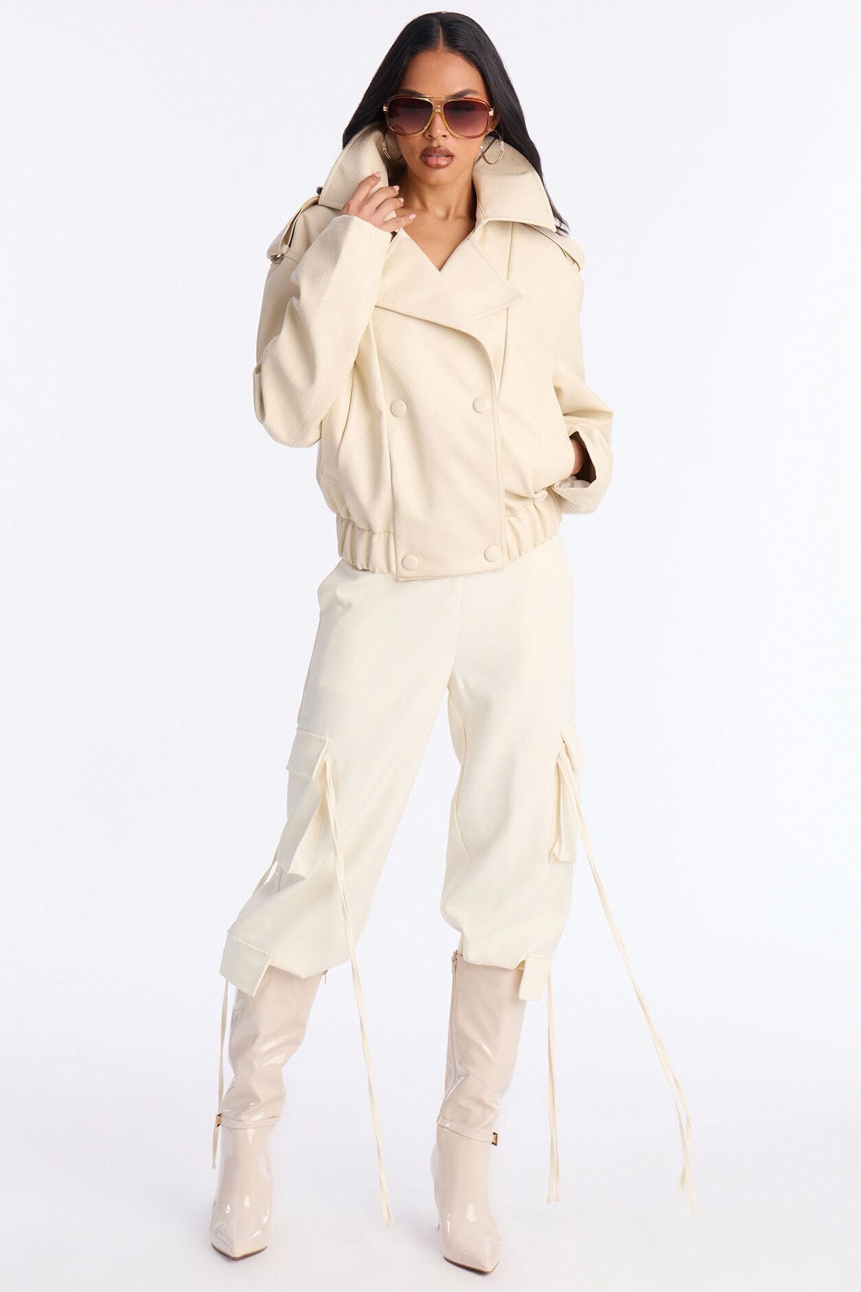 Adrienne Double Breasted Faux Leather Jacket - Bone