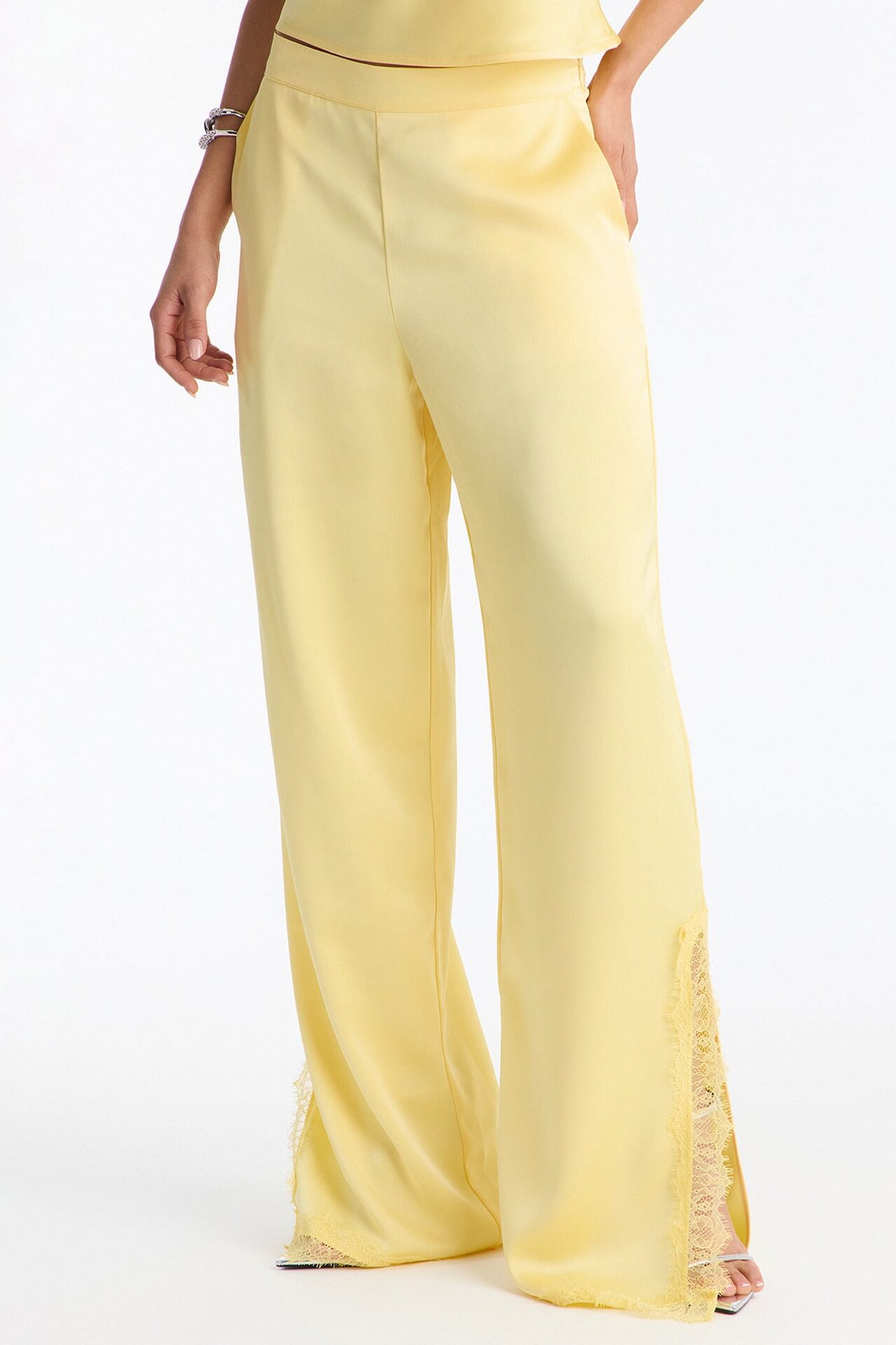 Araiza Satin Lace Trim Pant Set - Yellow