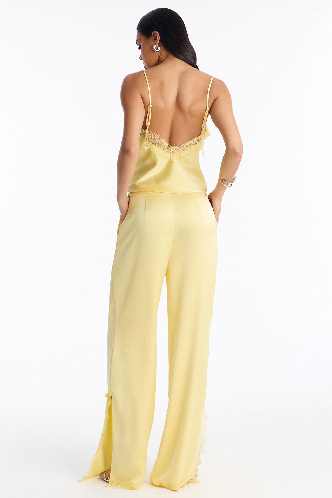 Araiza Satin Lace Trim Pant Set - Yellow