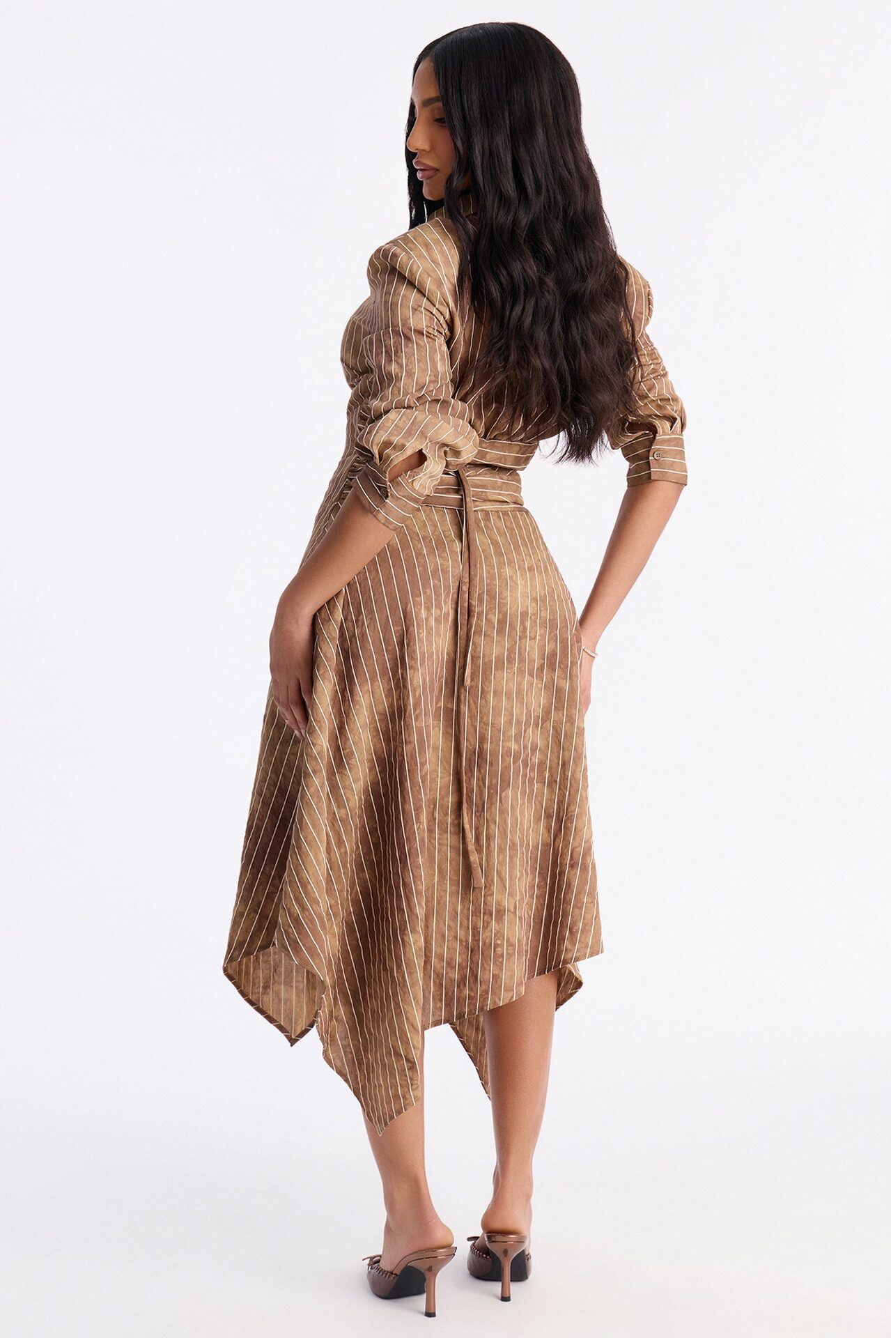 Adeline Pinstripe Tie Dye Midi Dress - Brown