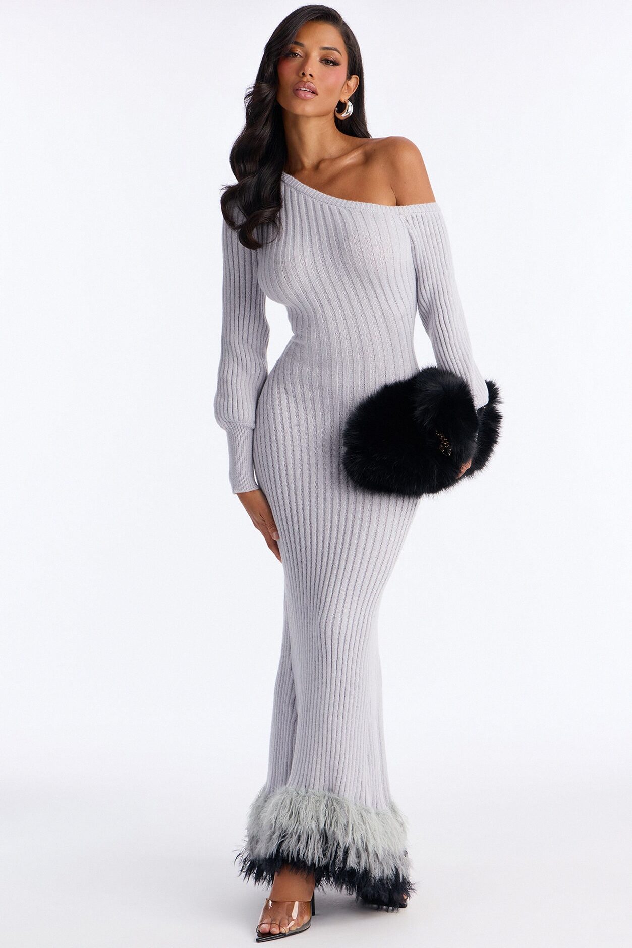 Stop And Stare Fur Trim Sweater Maxi Dress - Grey