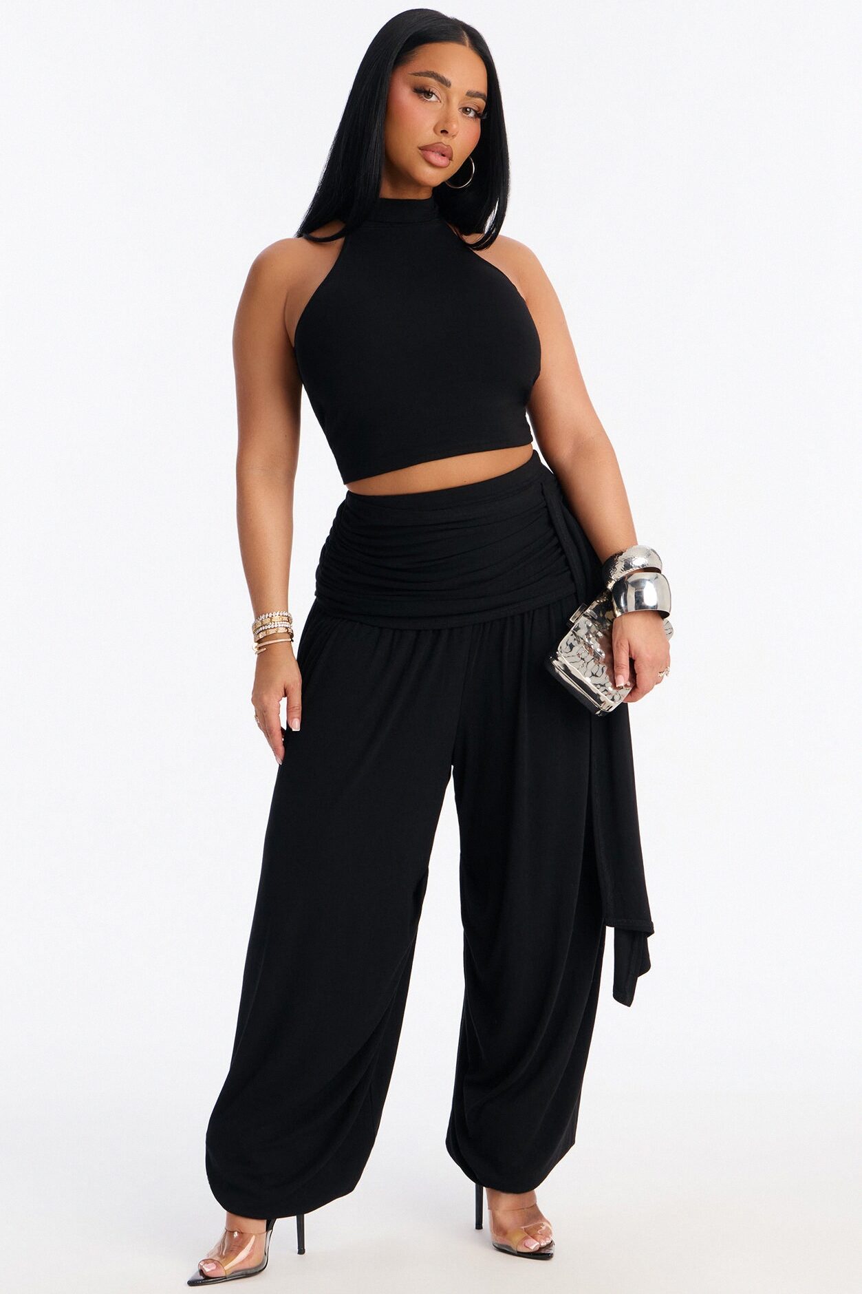 Anya Mock Neck Balloon Pant Set - Black
