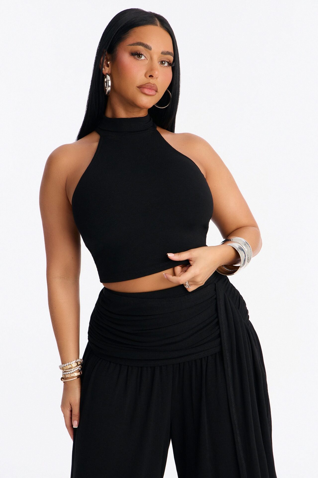 Anya Mock Neck Balloon Pant Set - Black
