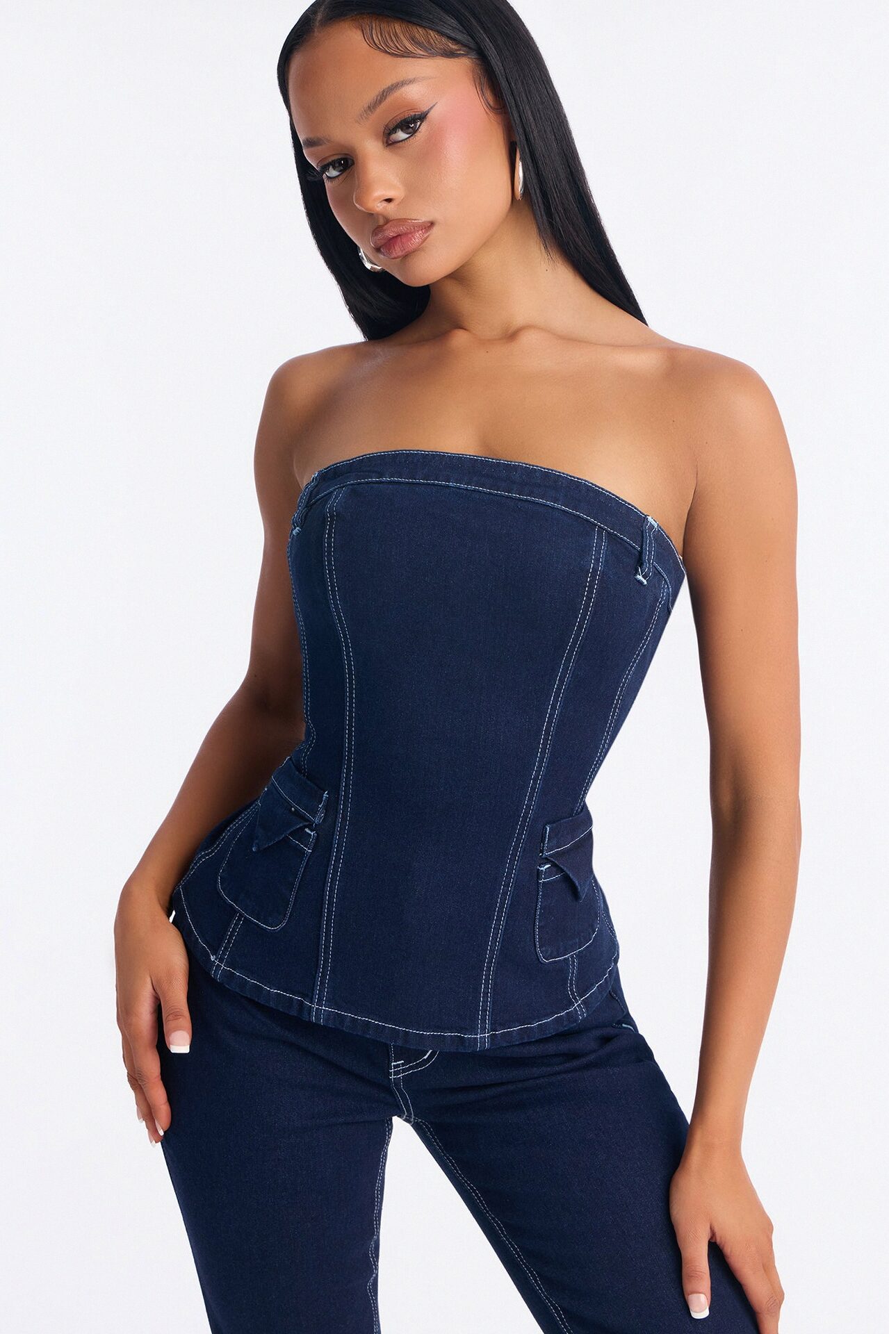 Vanessa Strapless Denim Pant Set - Dark Wash