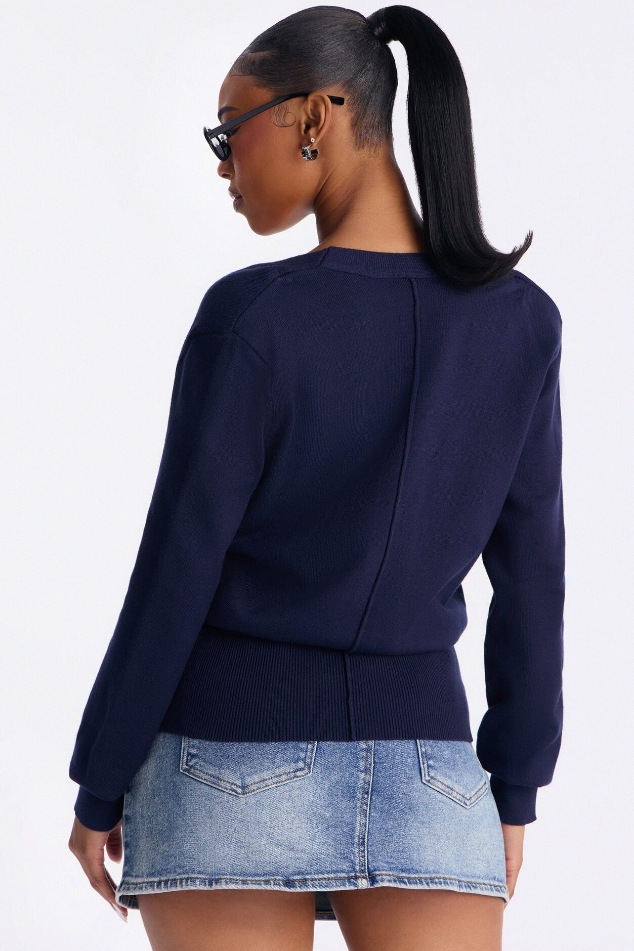 Amelia Shoulder Pads Surplice Sweater Top - Navy