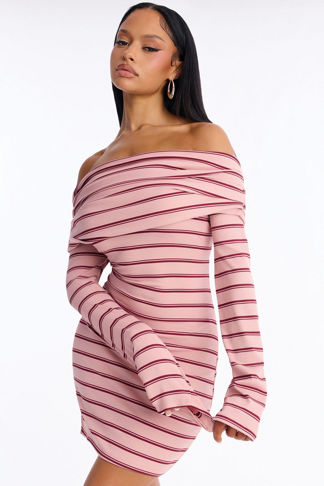 Britta Long Sleeve Ribbed Mini Dress - Mauve/combo